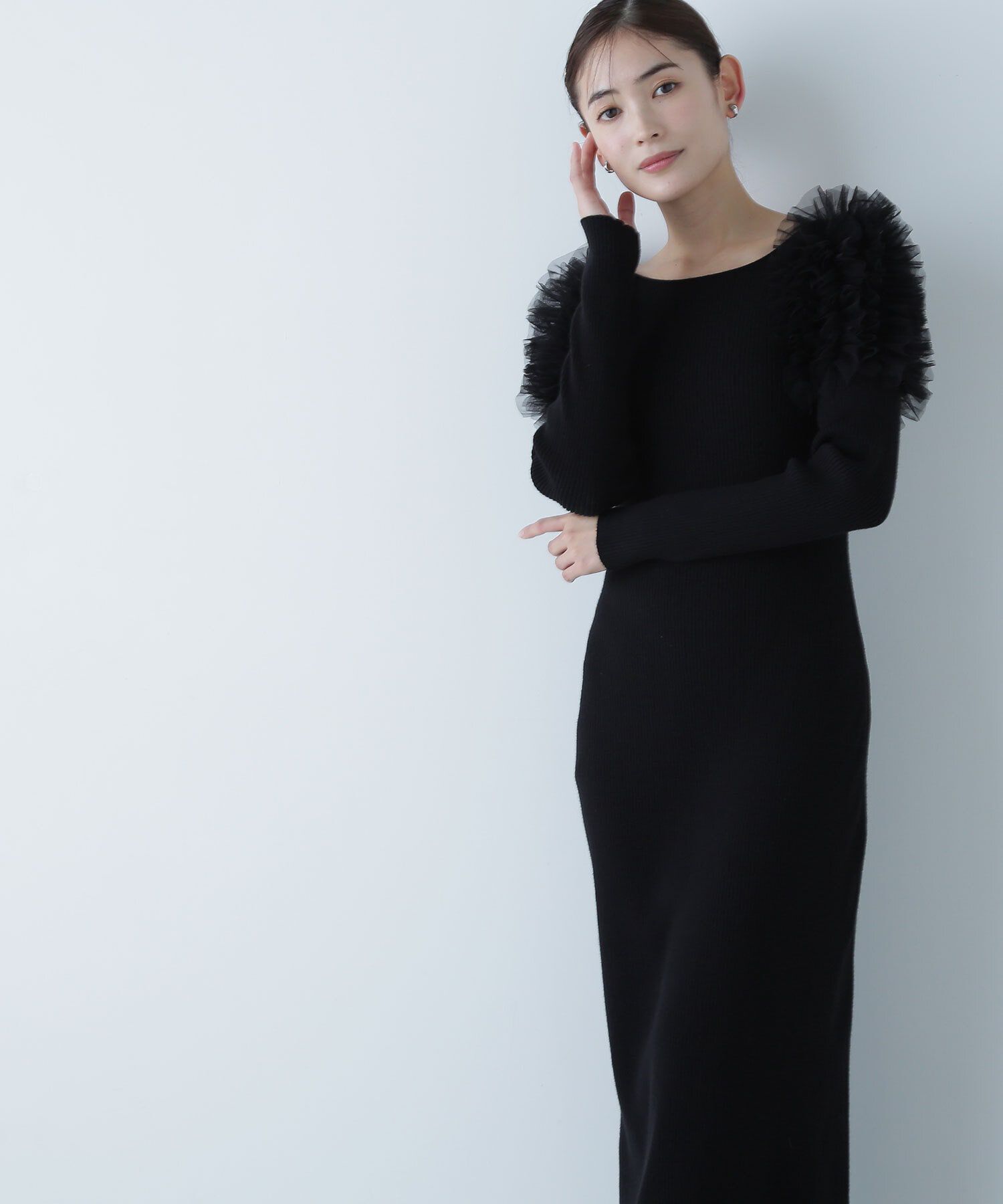  「チュールフリルショルダーニットワンピース」|ワンピース|