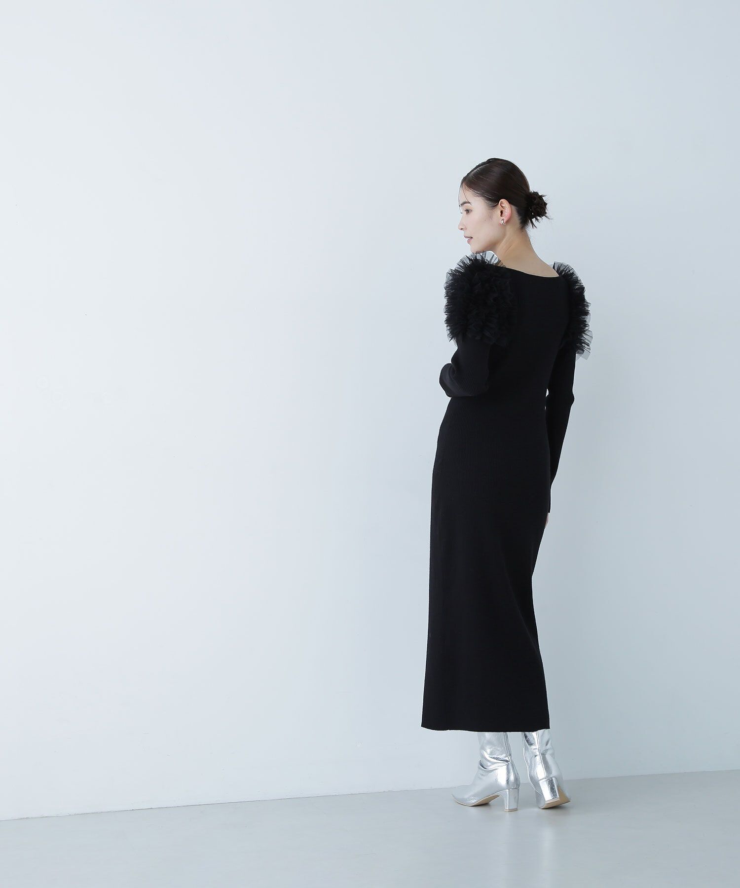  「チュールフリルショルダーニットワンピース」|ワンピース|