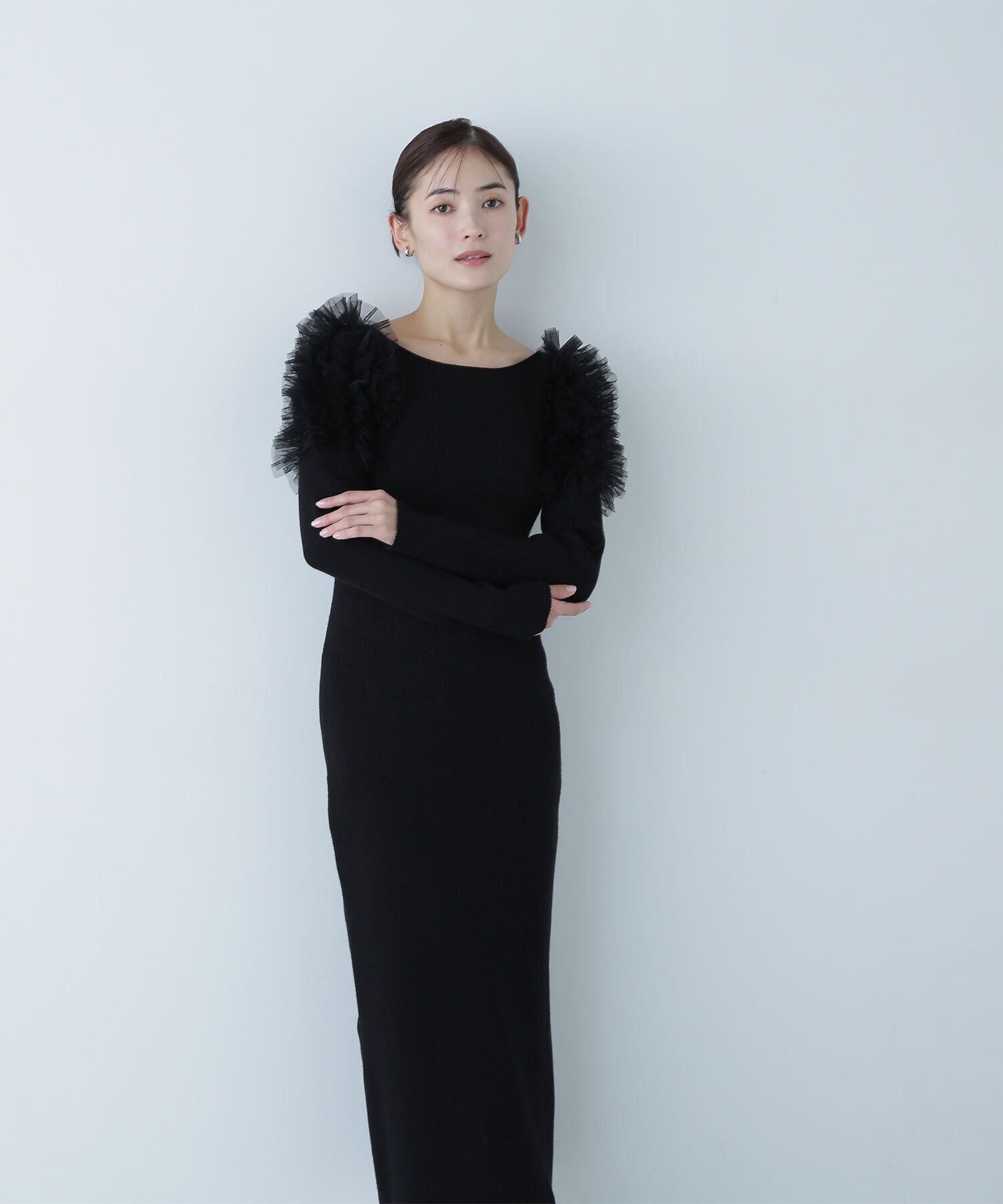  「チュールフリルショルダーニットワンピース」|ワンピース|