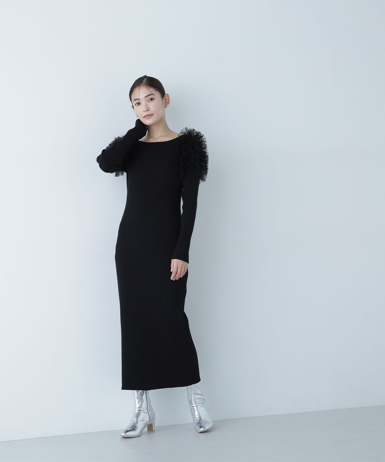  「チュールフリルショルダーニットワンピース」|ワンピース|