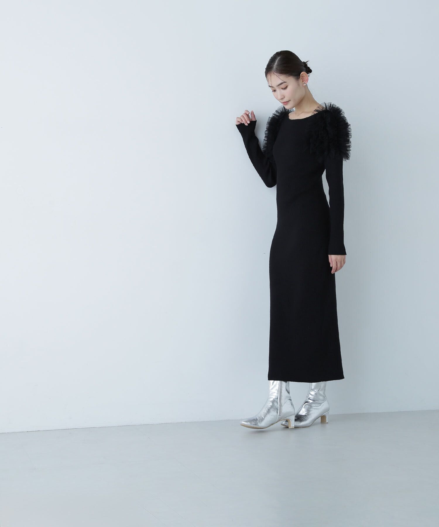  「チュールフリルショルダーニットワンピース」|ワンピース|