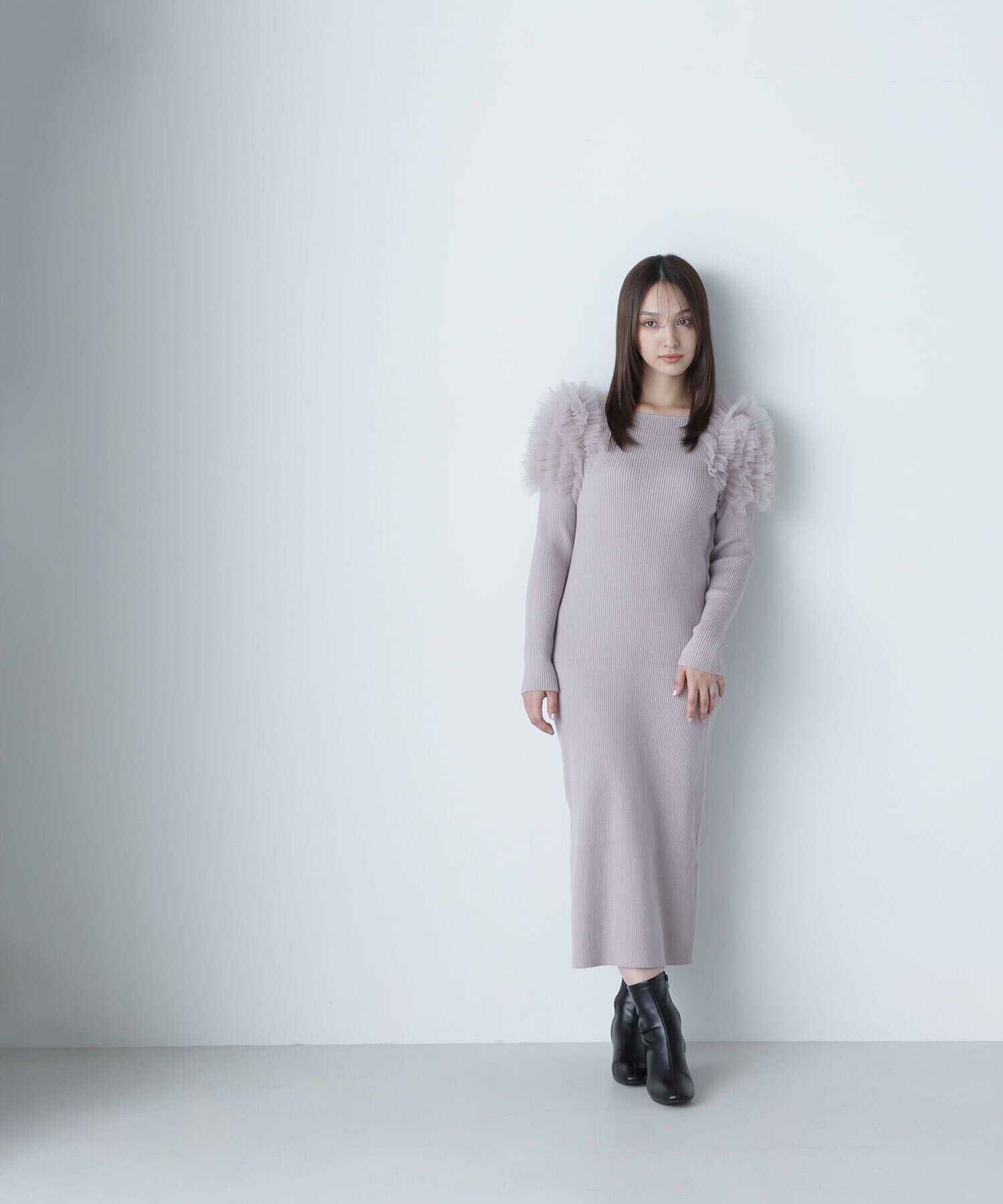  「チュールフリルショルダーニットワンピース」|ワンピース|