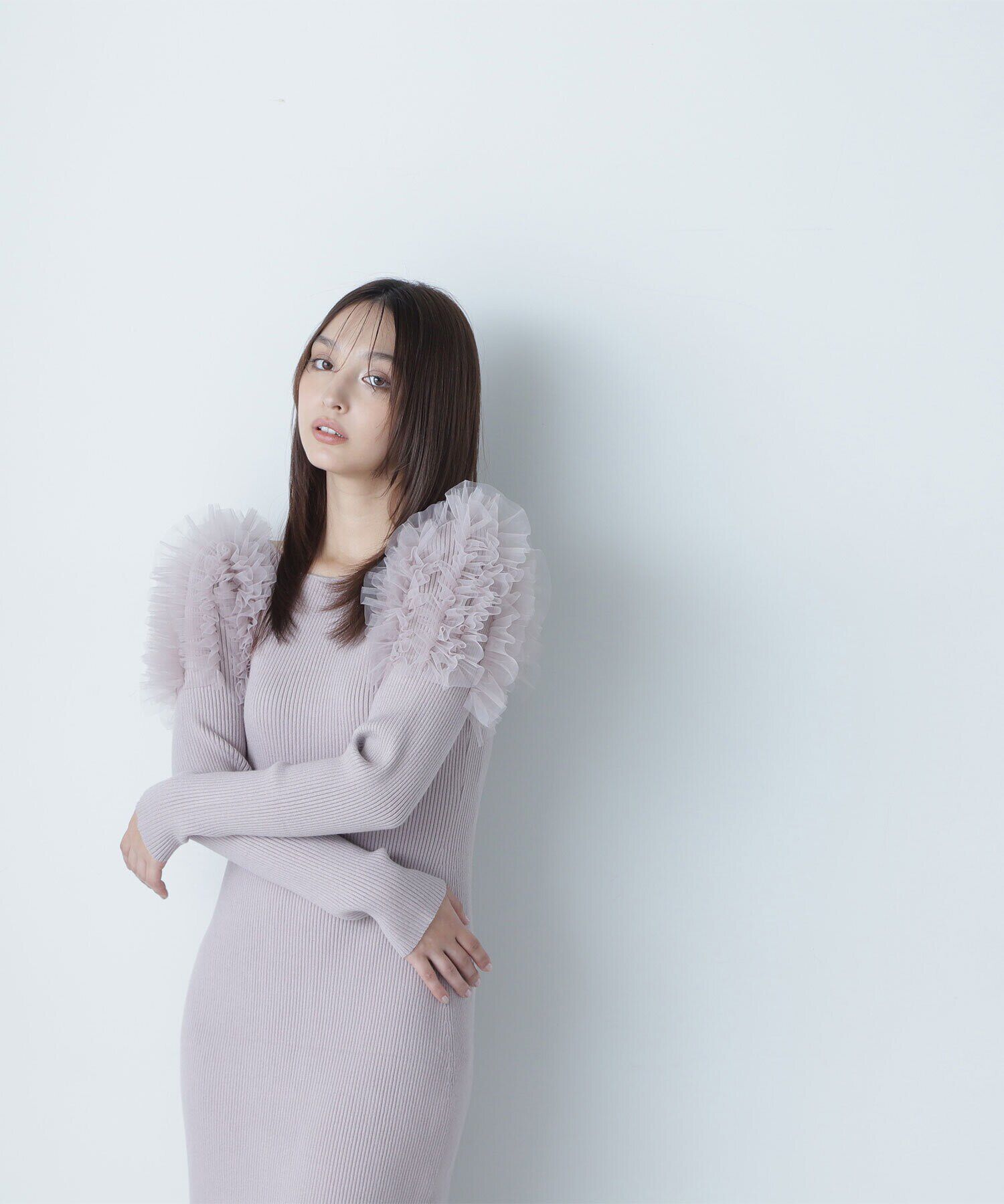  「チュールフリルショルダーニットワンピース」|ワンピース|
