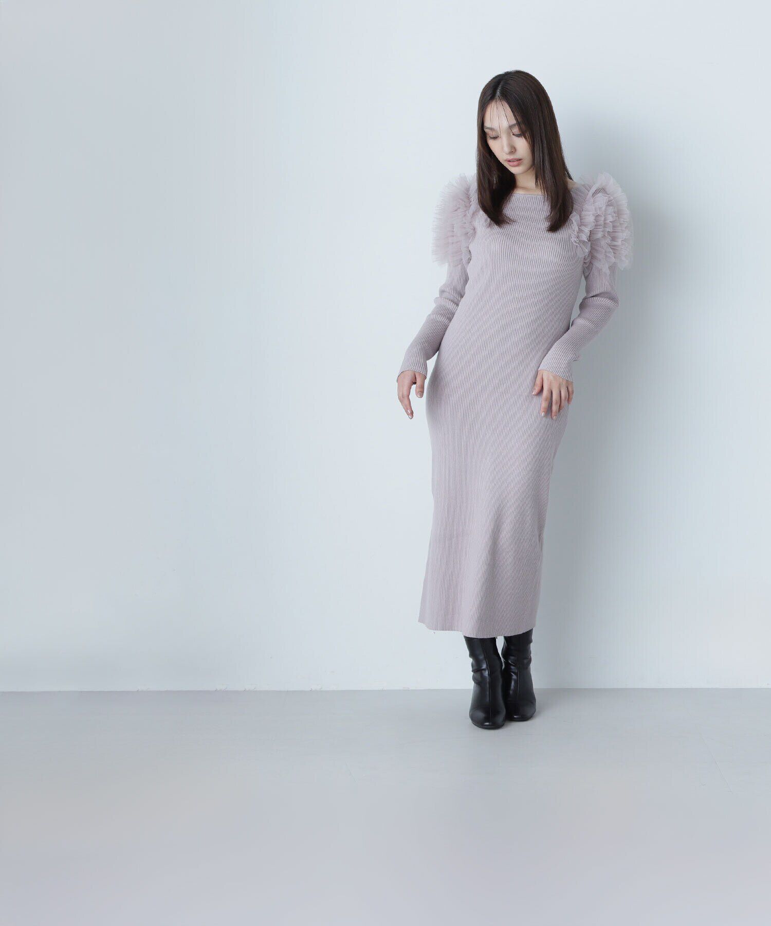  「チュールフリルショルダーニットワンピース」|ワンピース|