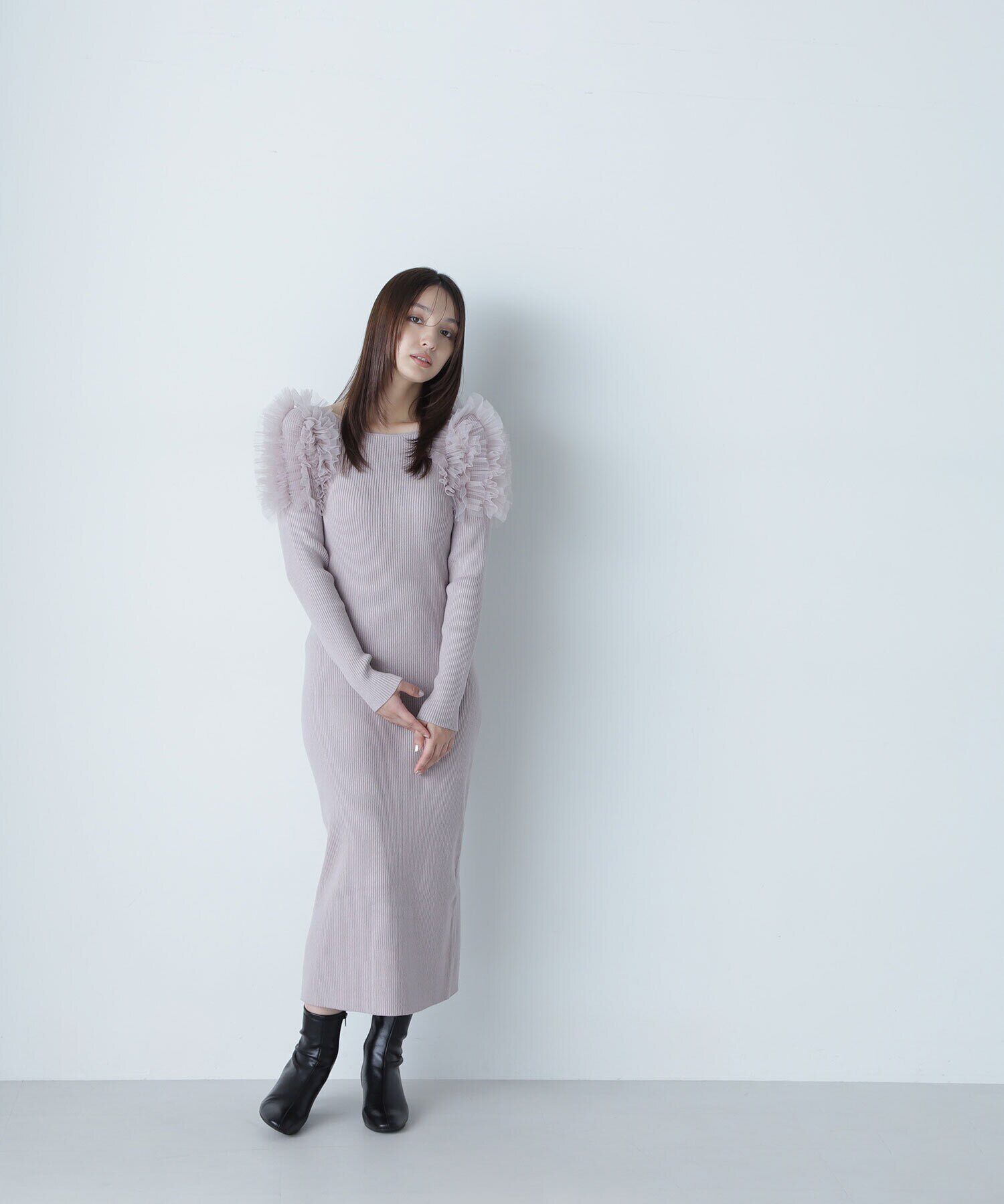  「チュールフリルショルダーニットワンピース」|ワンピース|
