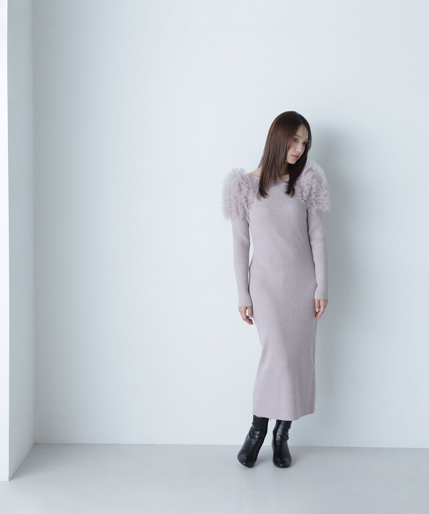  「チュールフリルショルダーニットワンピース」|ワンピース|