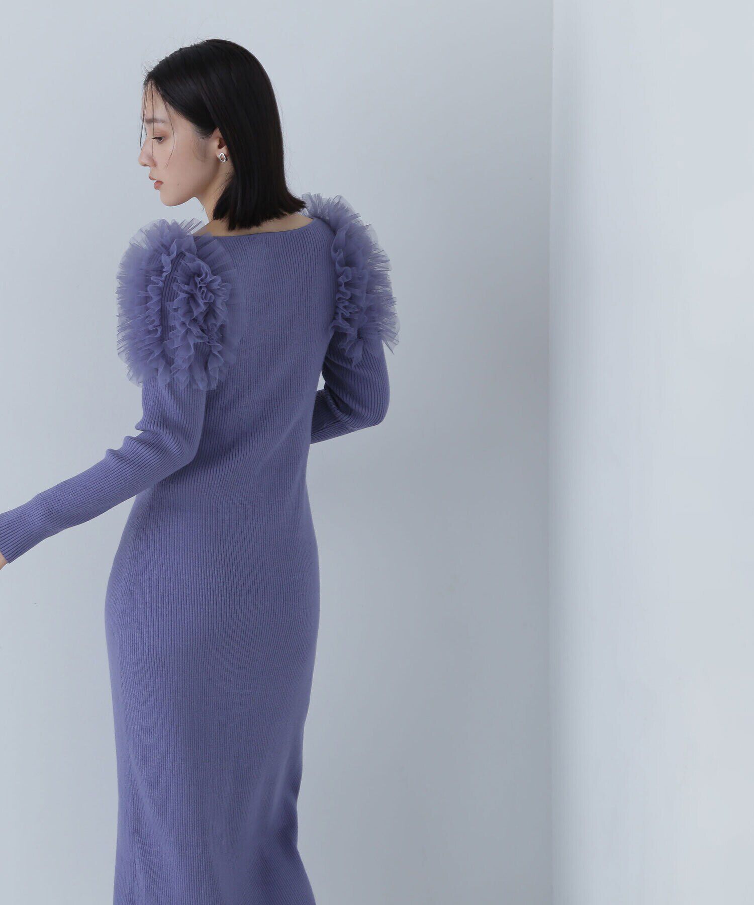  「チュールフリルショルダーニットワンピース」|ワンピース|ブルー