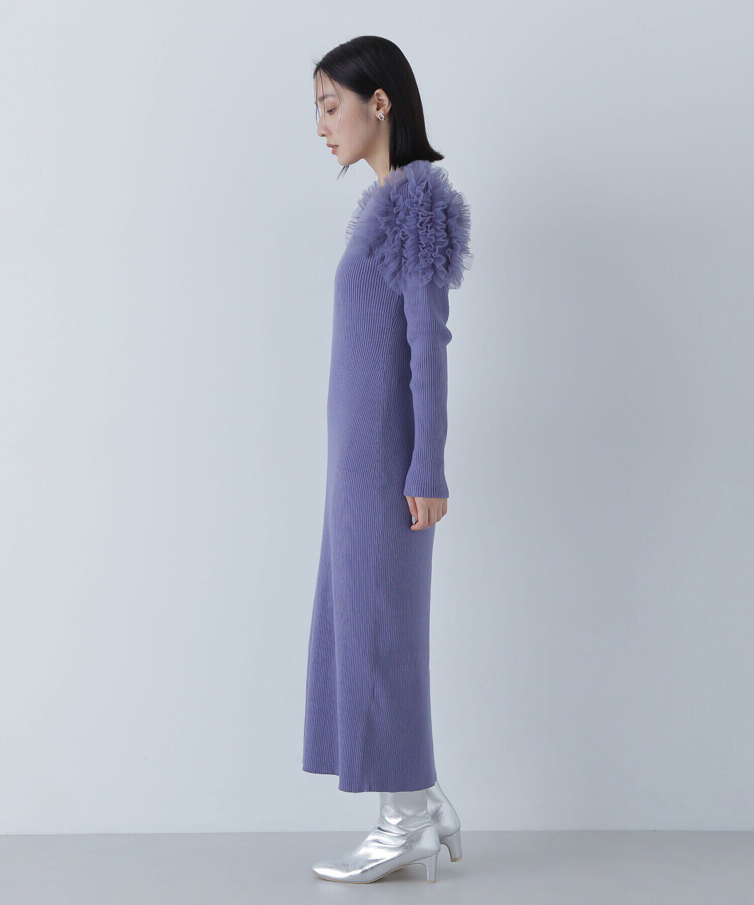  「チュールフリルショルダーニットワンピース」|ワンピース|