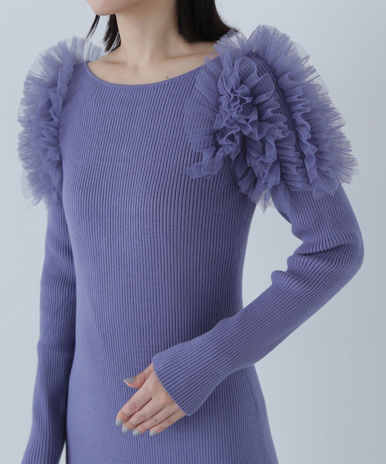  「チュールフリルショルダーニットワンピース」|ワンピース|