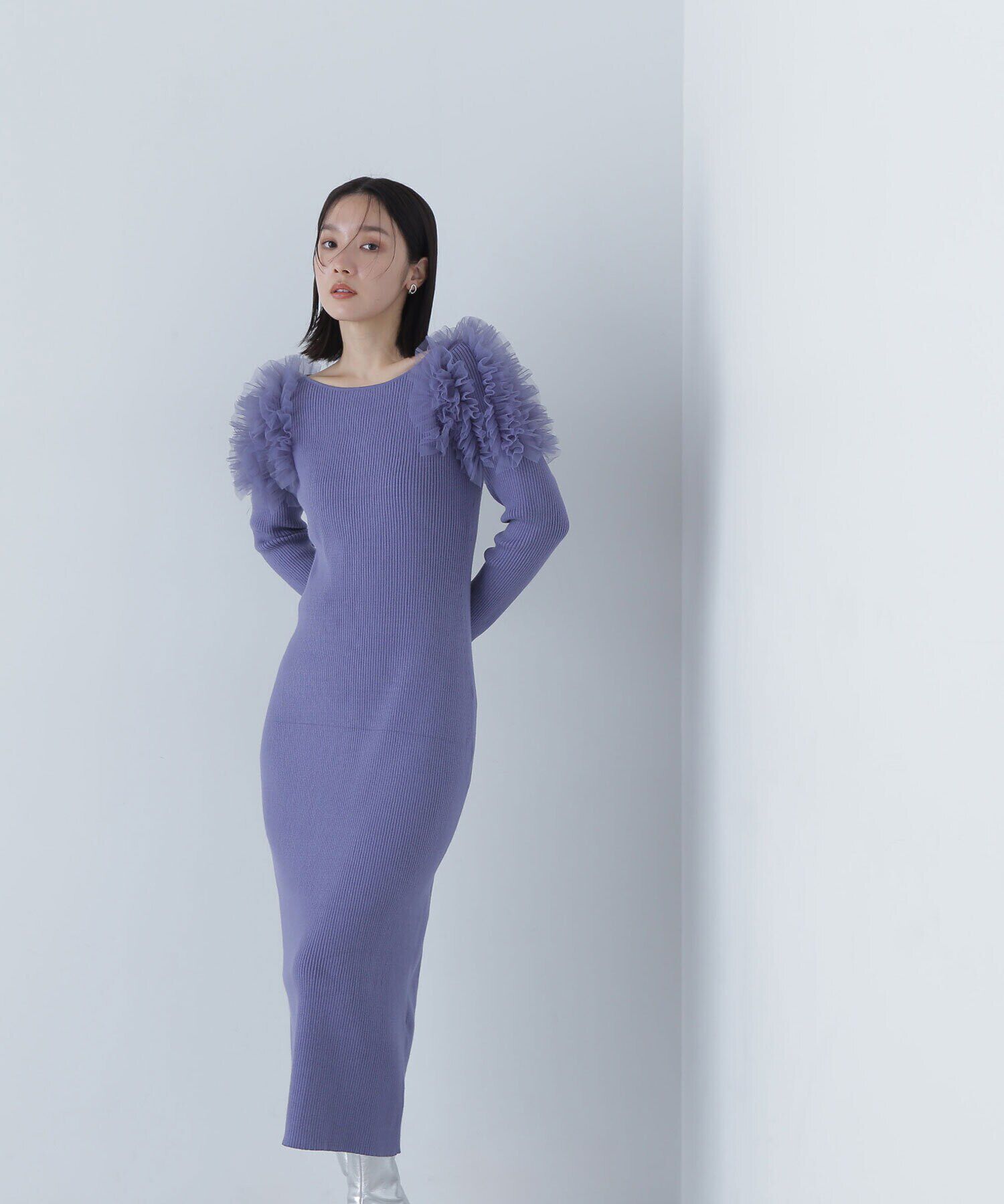 「チュールフリルショルダーニットワンピース」|ワンピース|