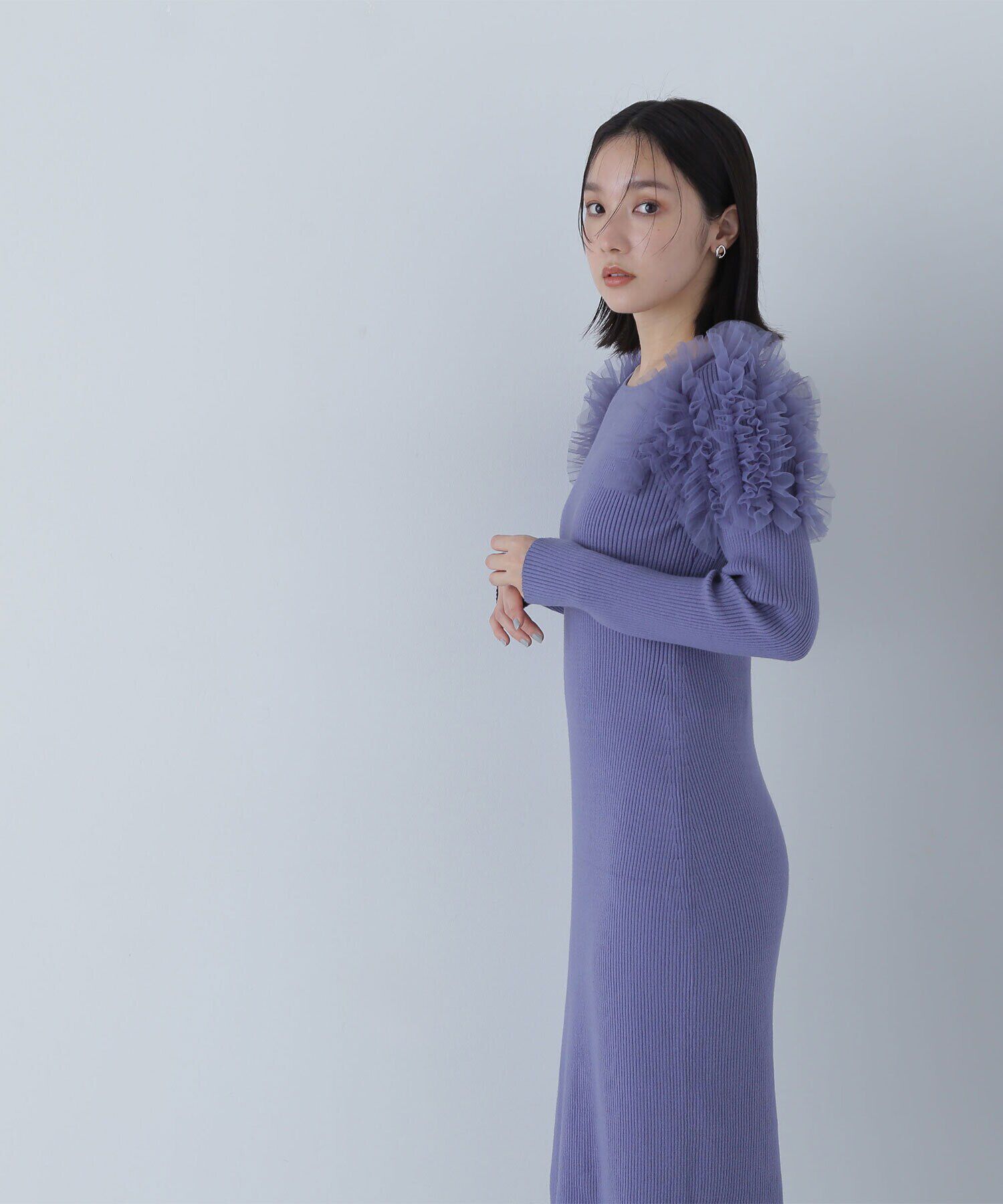  「チュールフリルショルダーニットワンピース」|ワンピース|