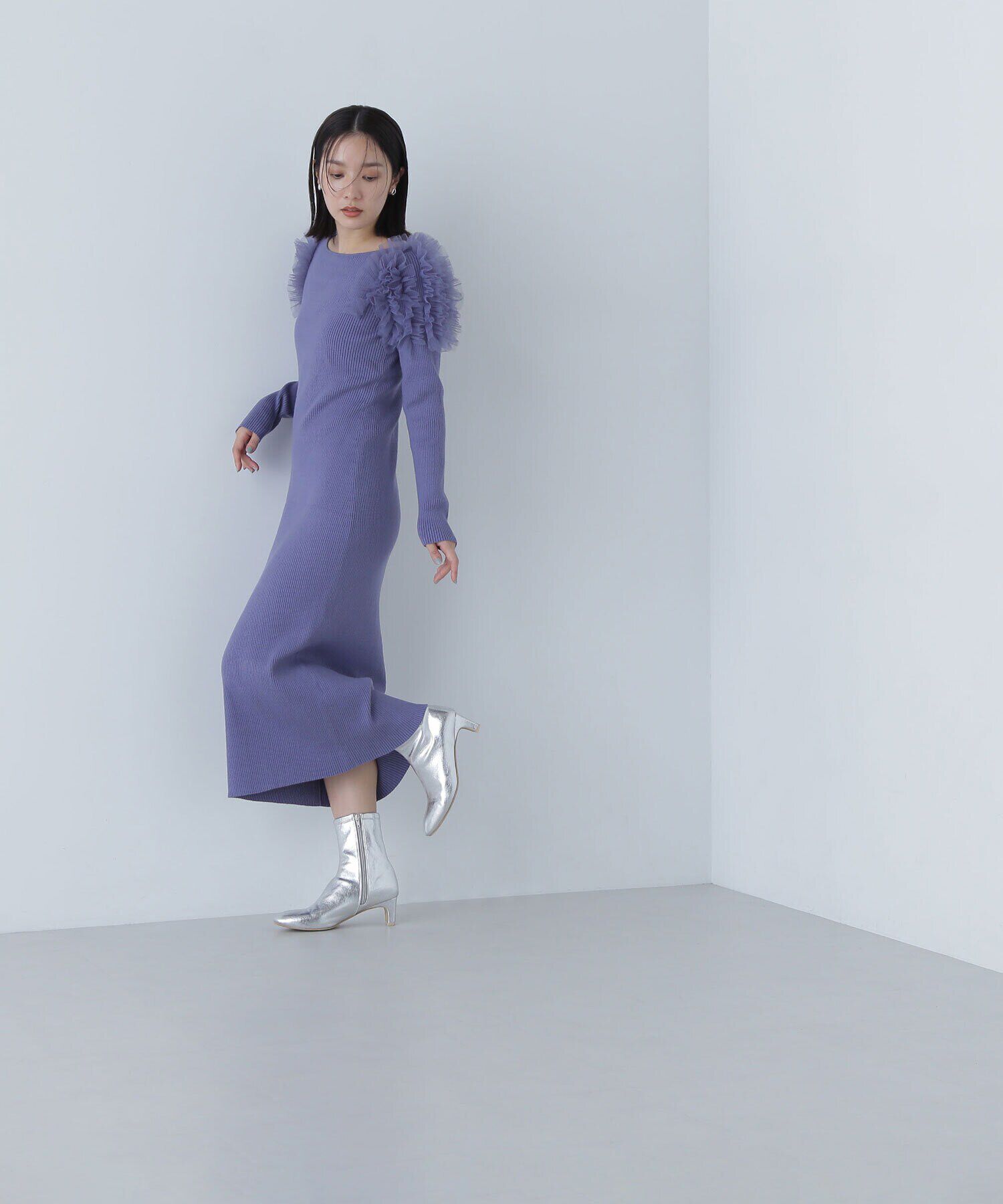  「チュールフリルショルダーニットワンピース」|ワンピース|