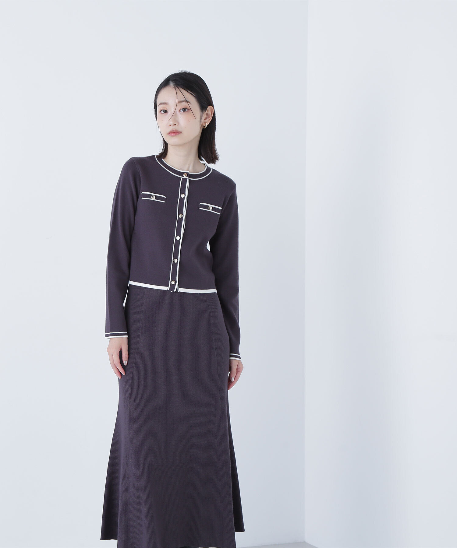  「バイカラーニットカーデ＆スカート」|ワンピース|