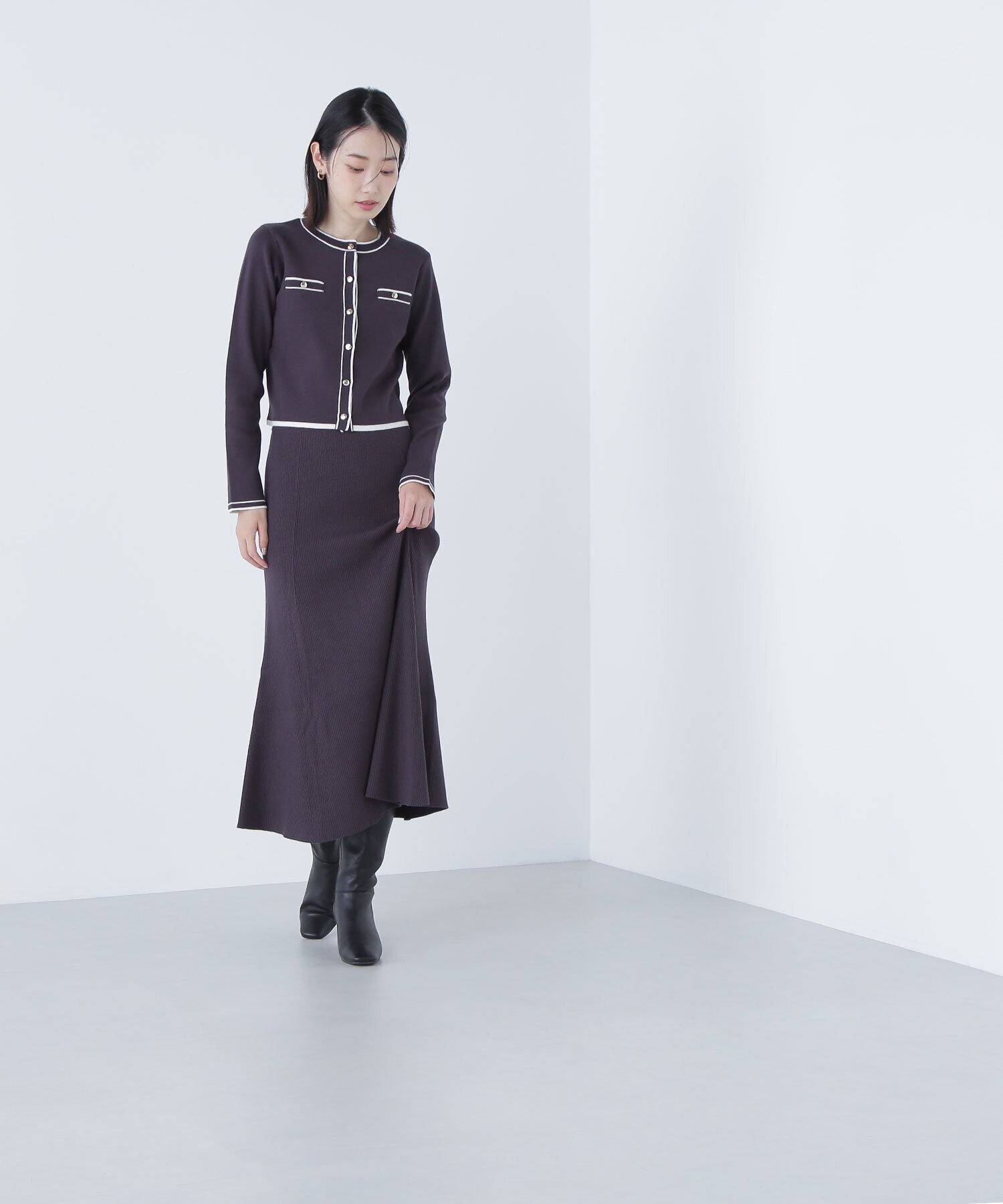  「バイカラーニットカーデ＆スカート」|ワンピース|