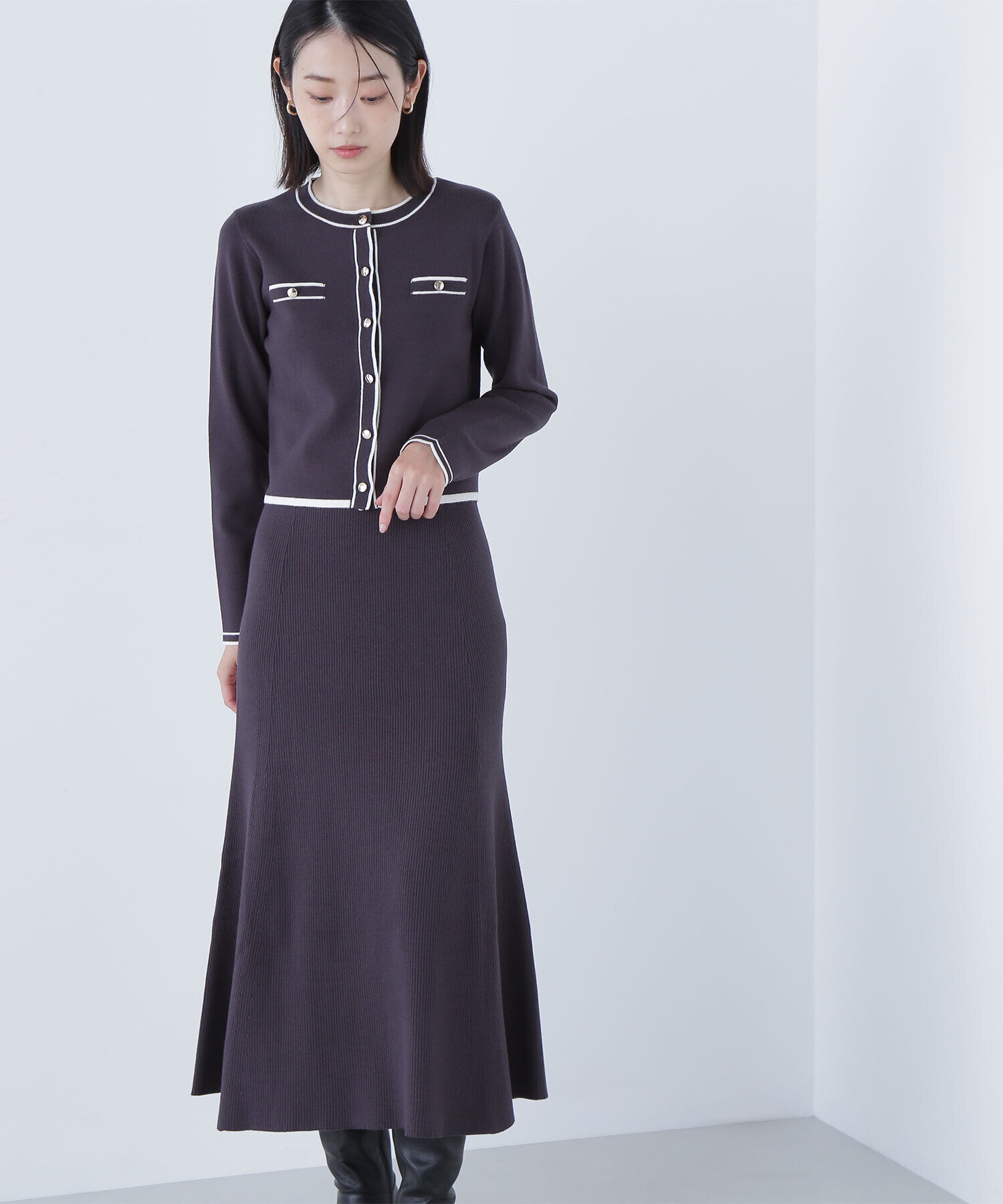  「バイカラーニットカーデ＆スカート」|ワンピース|