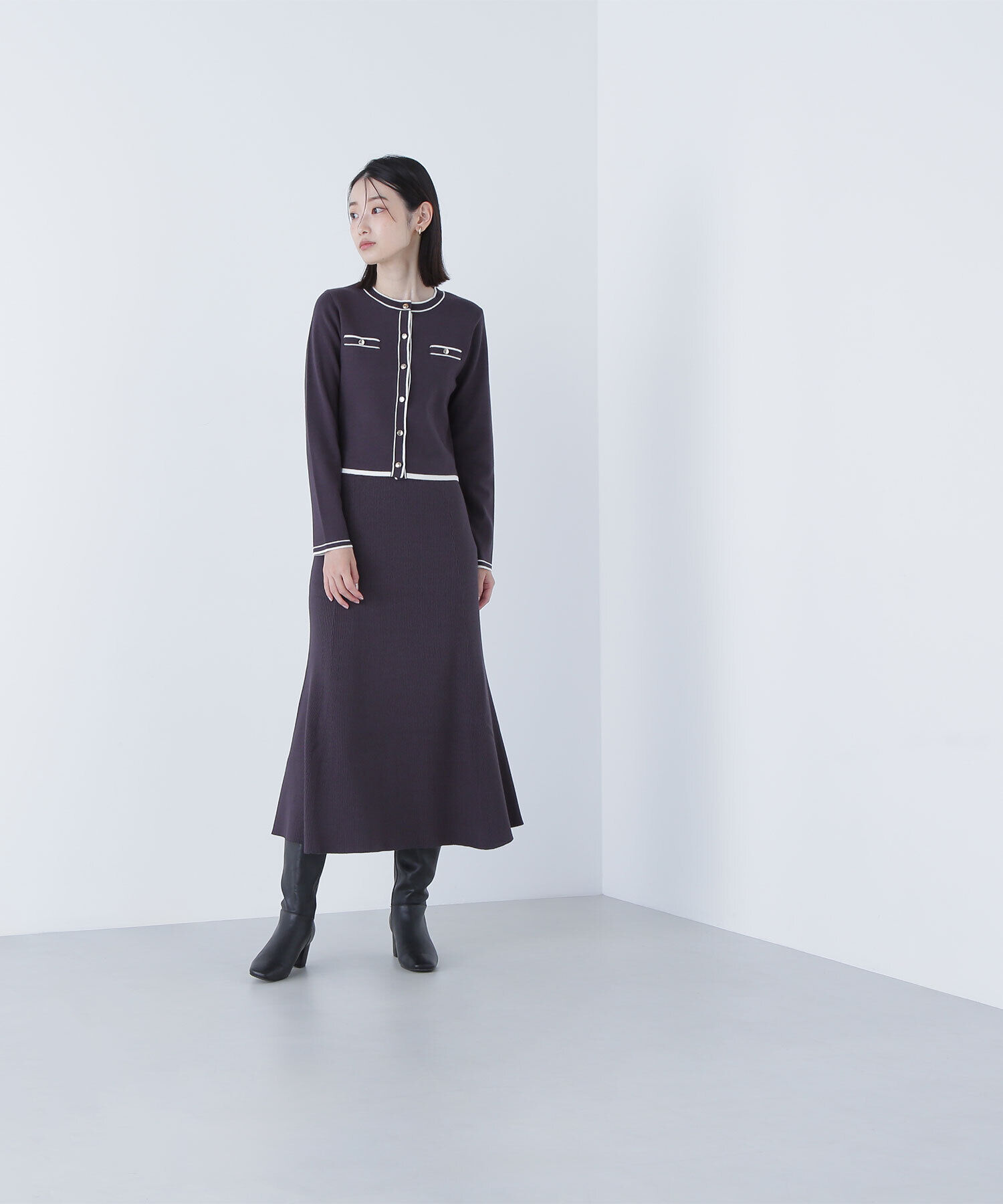  「バイカラーニットカーデ＆スカート」|ワンピース|