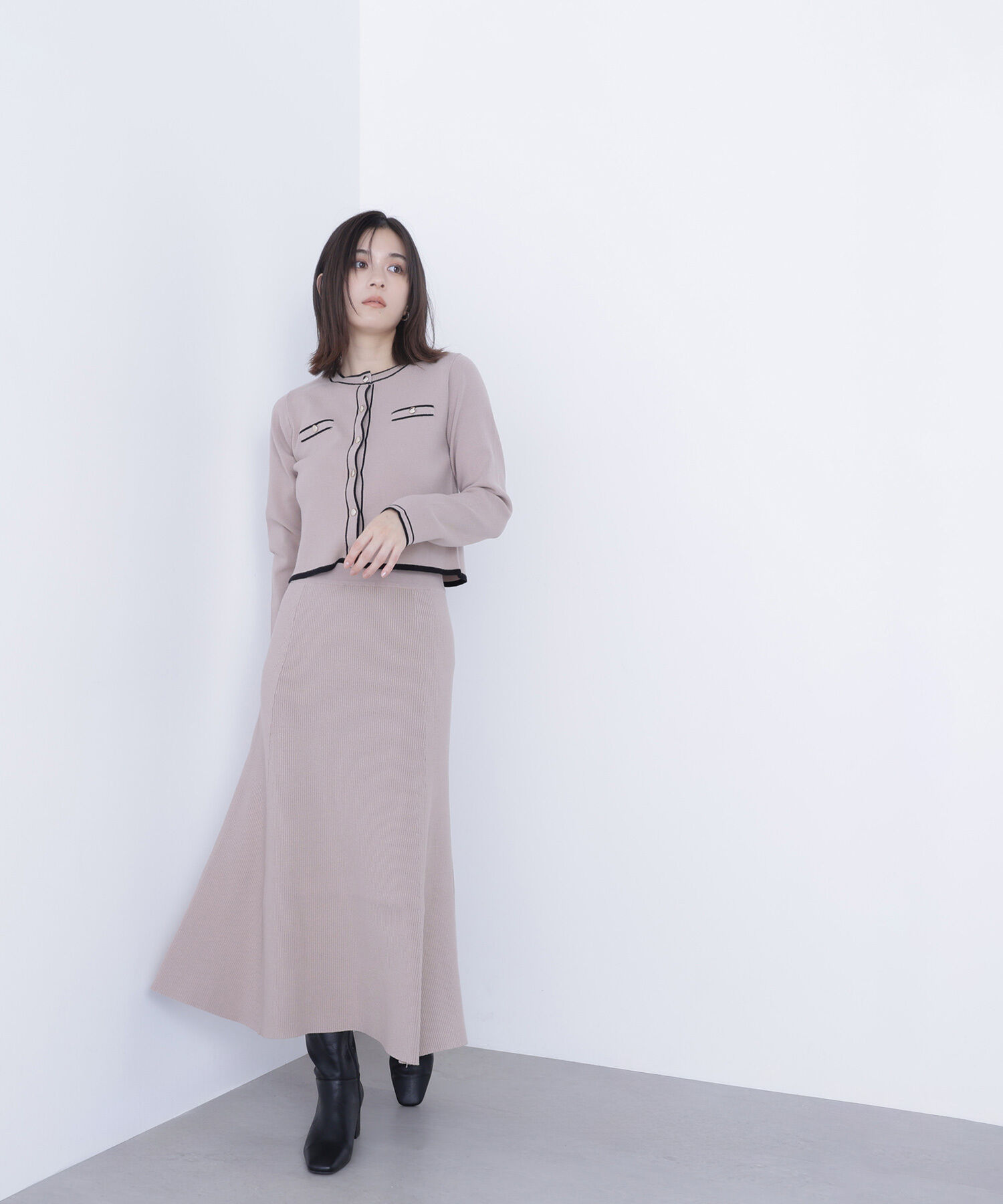  「バイカラーニットカーデ＆スカート」|ワンピース|