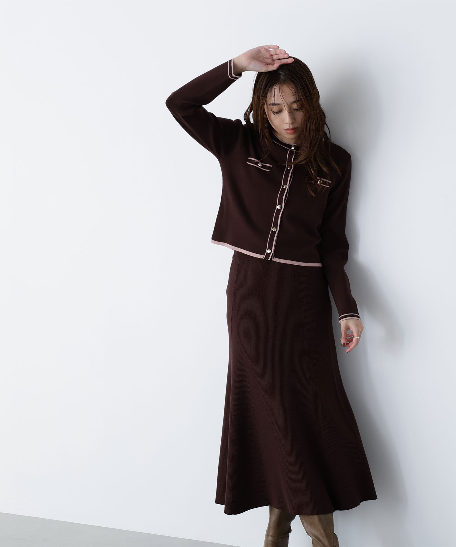  「バイカラーニットカーデ＆スカート」|ワンピース|ブラウン&times;ピ  2