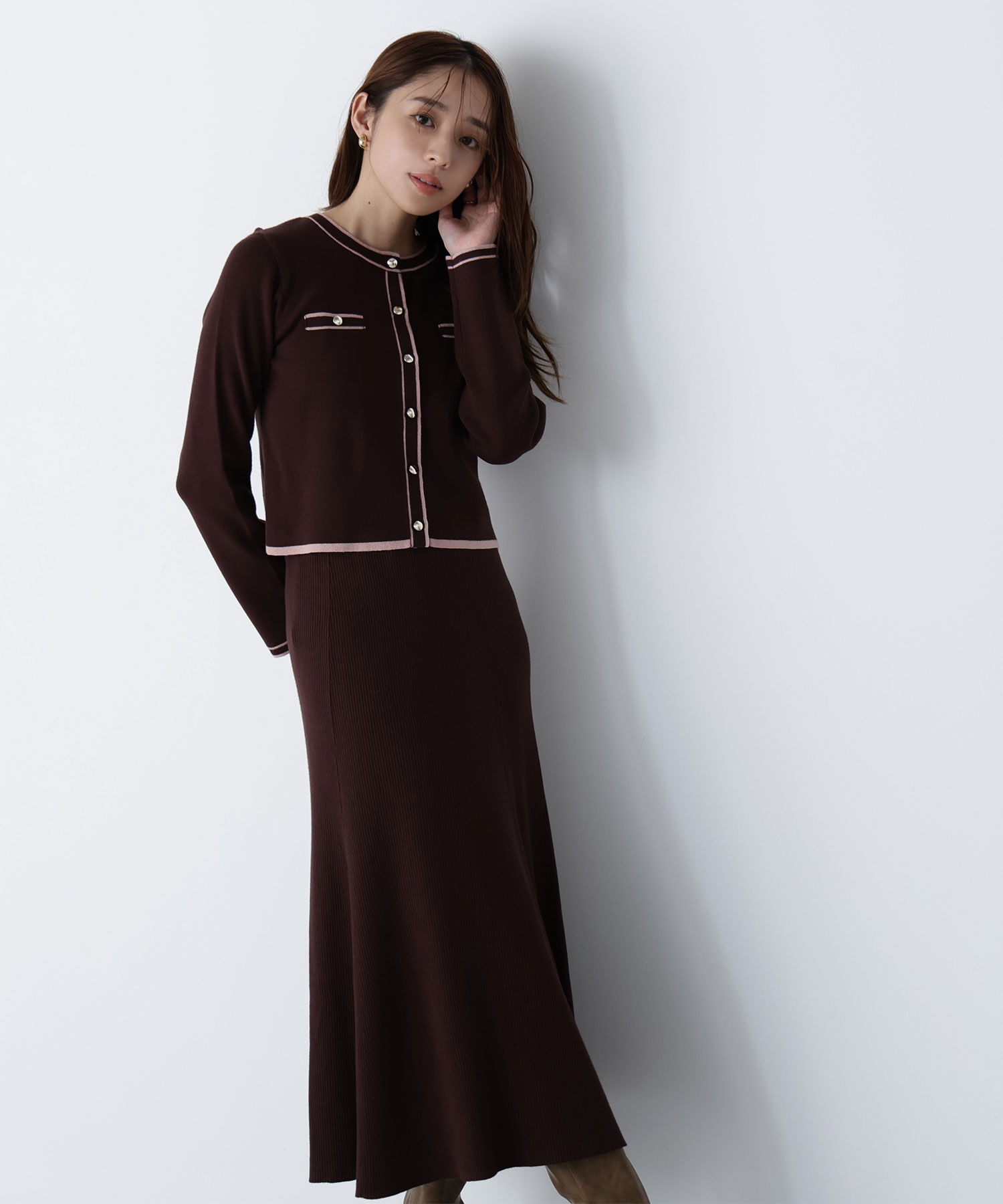  「バイカラーニットカーデ＆スカート」|ワンピース|