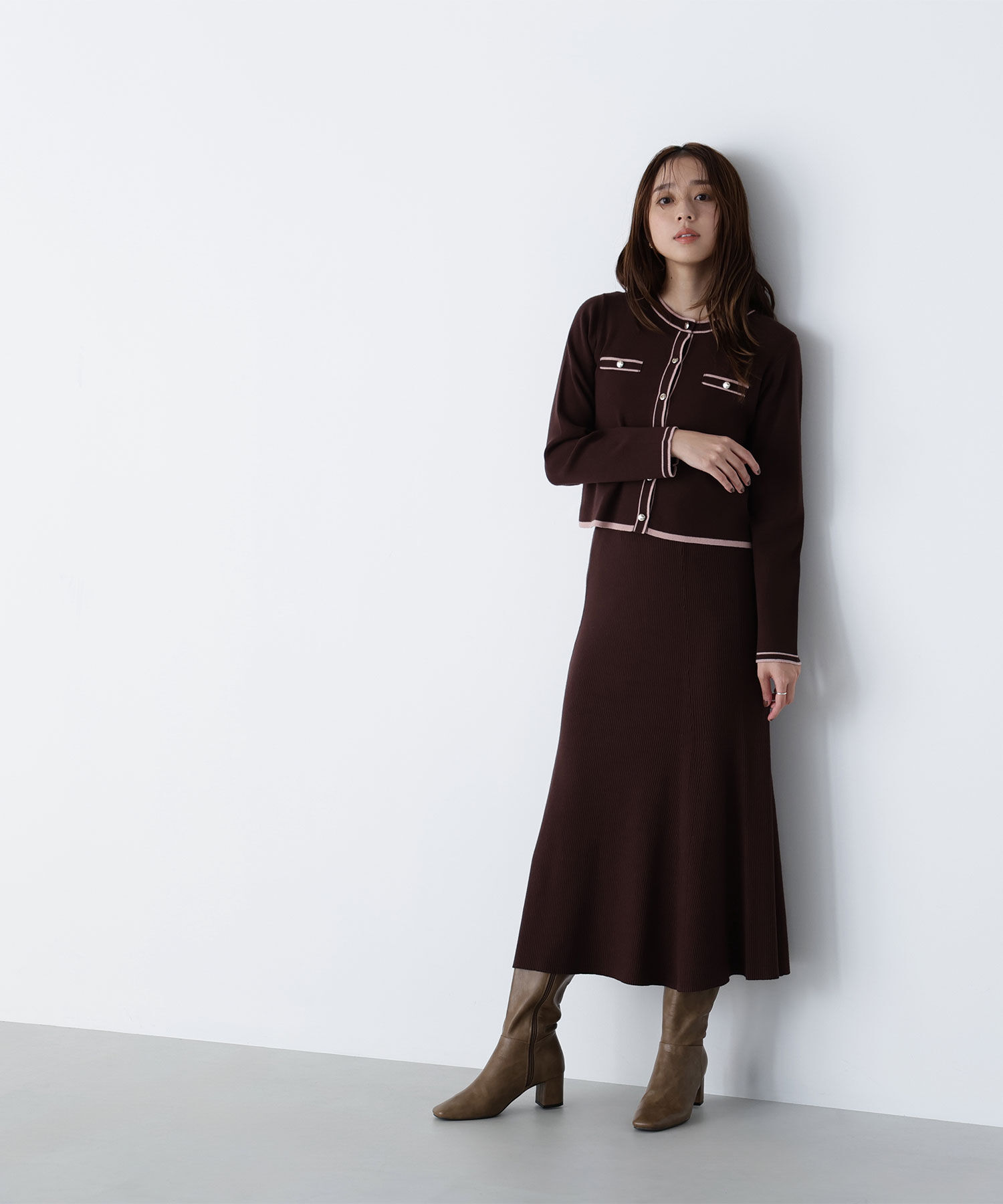  「バイカラーニットカーデ＆スカート」|ワンピース|