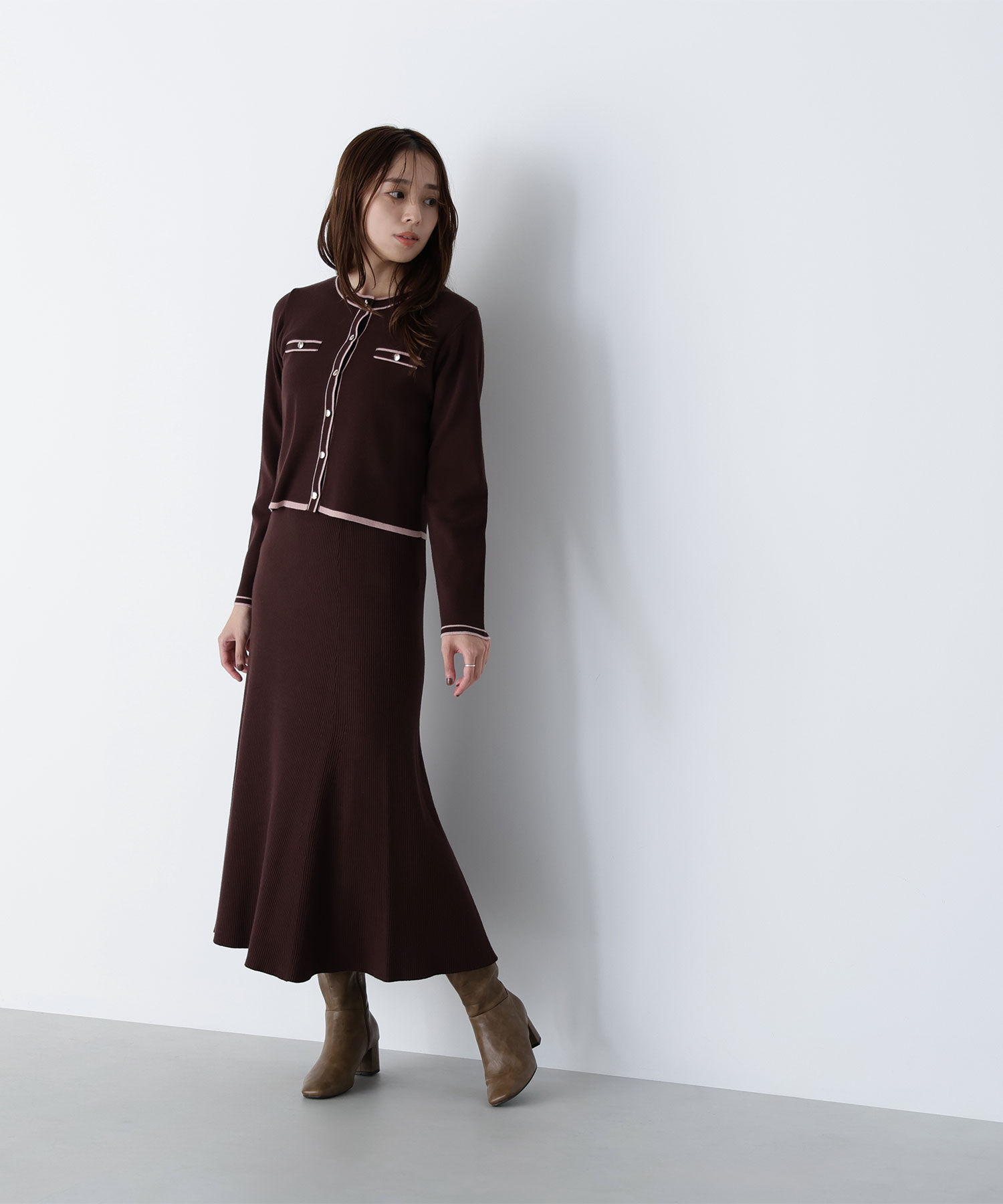  「バイカラーニットカーデ＆スカート」|ワンピース|