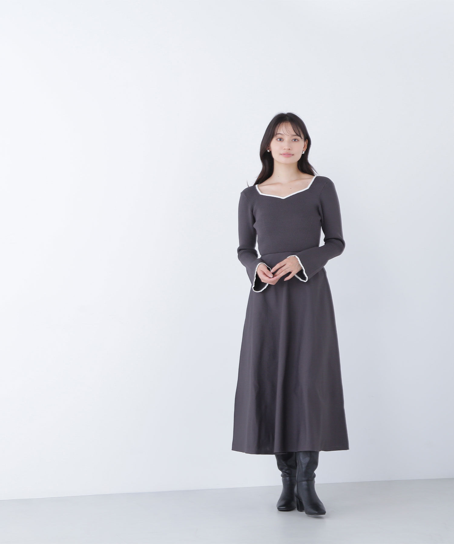  「バイカラーハートネックニットワンピース」|ワンピース|