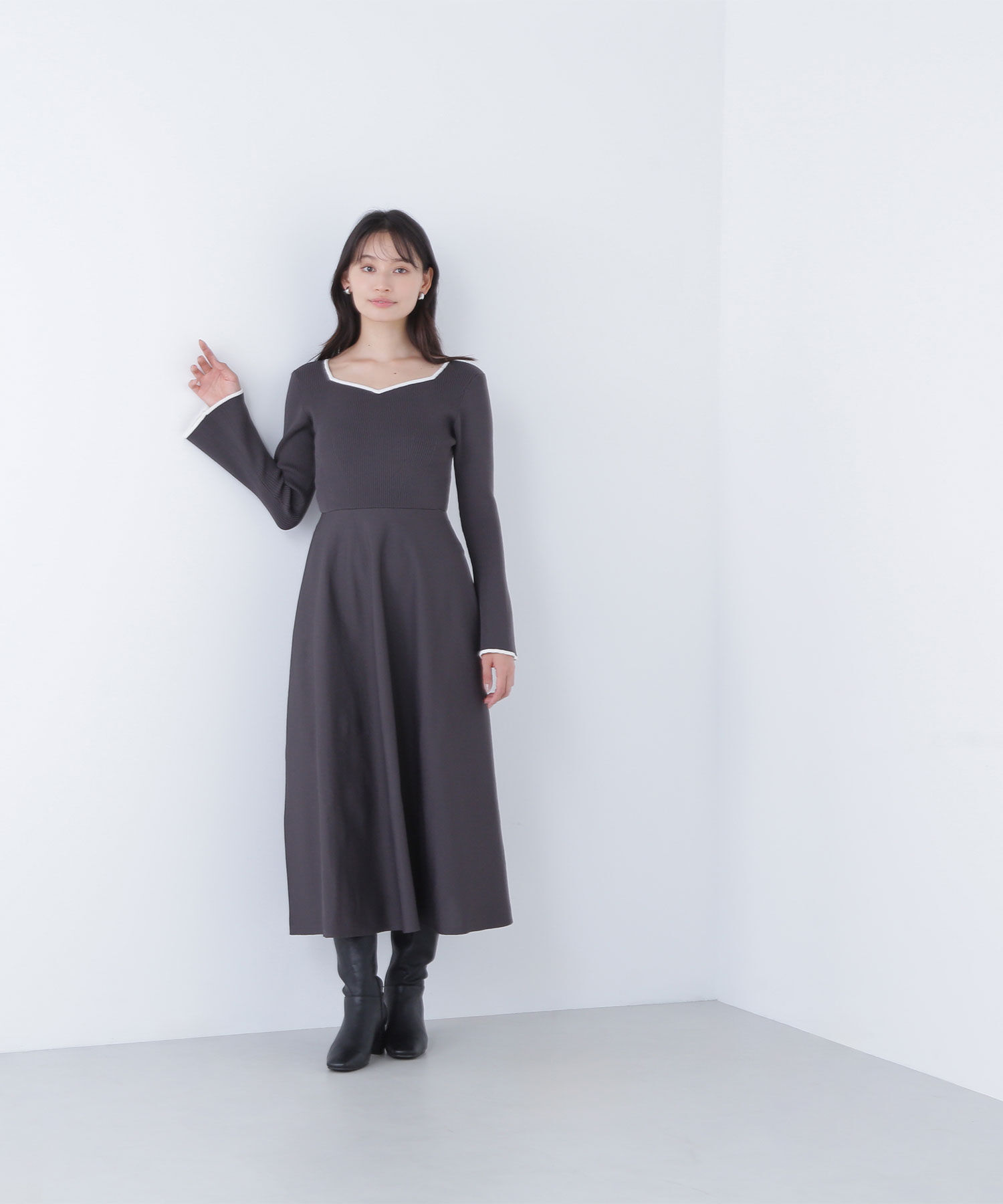  「バイカラーハートネックニットワンピース」|ワンピース|