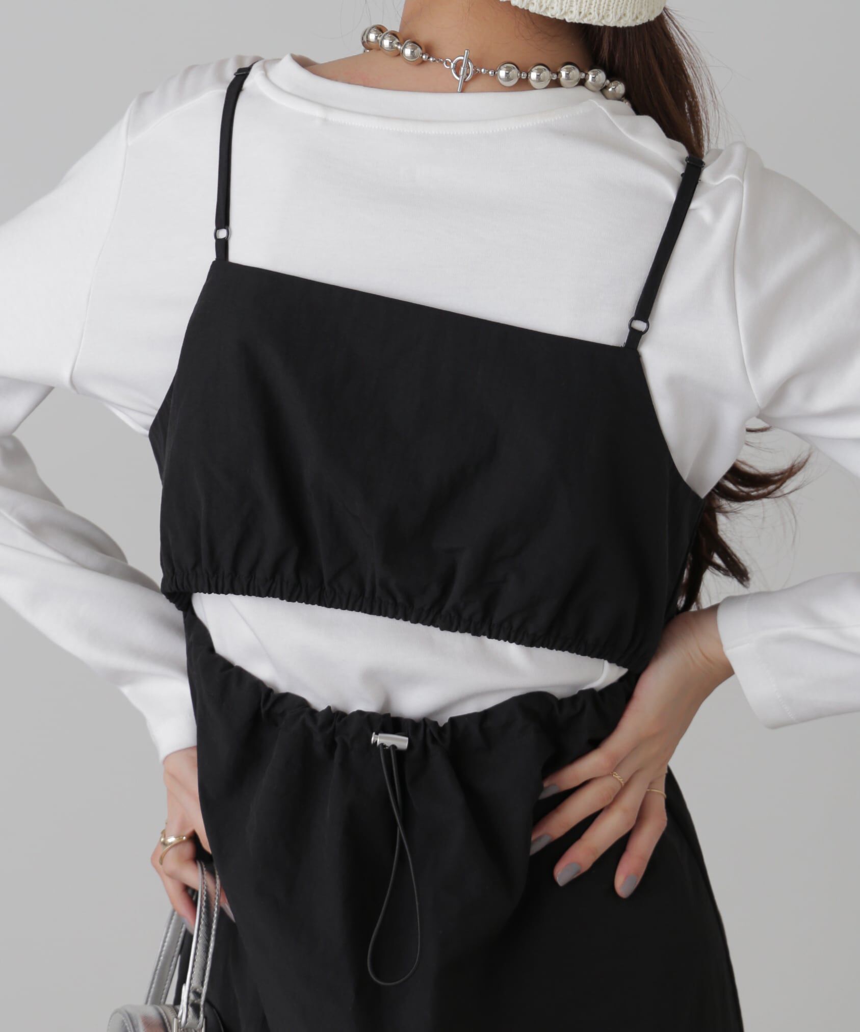  「バックオープンナイロンジャンパースカート」|ワンピース|