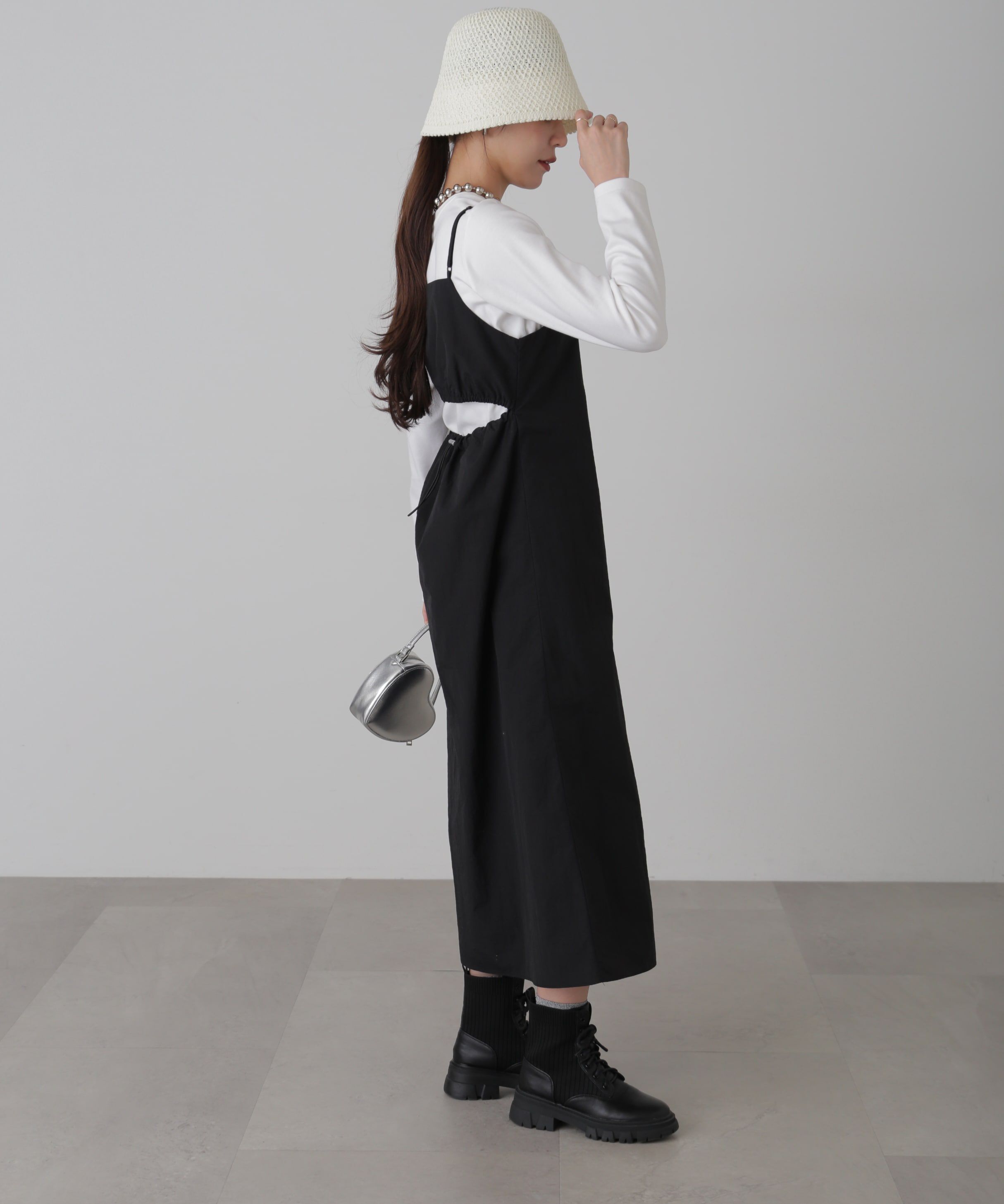  「バックオープンナイロンジャンパースカート」|ワンピース|