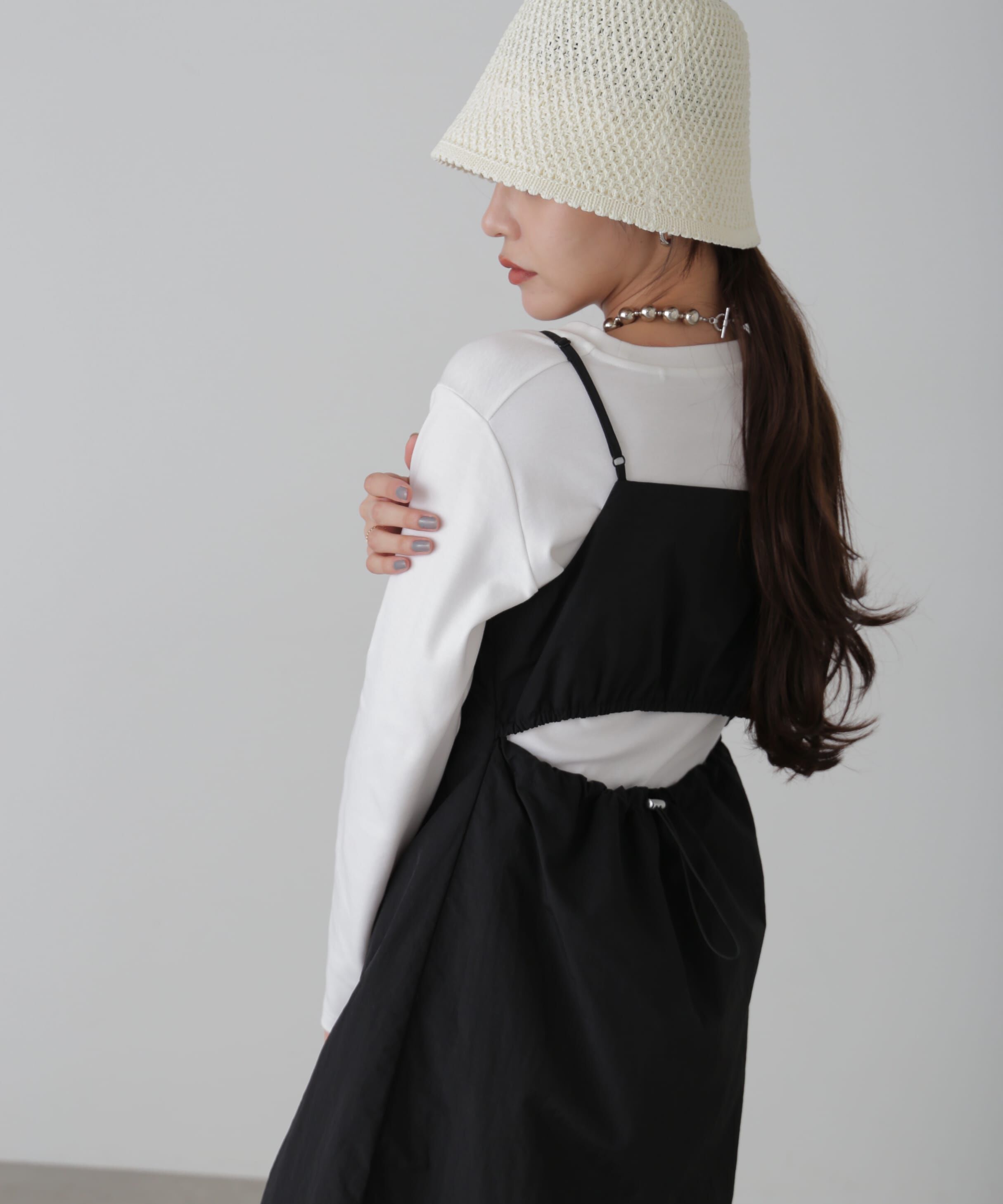  「バックオープンナイロンジャンパースカート」|ワンピース|