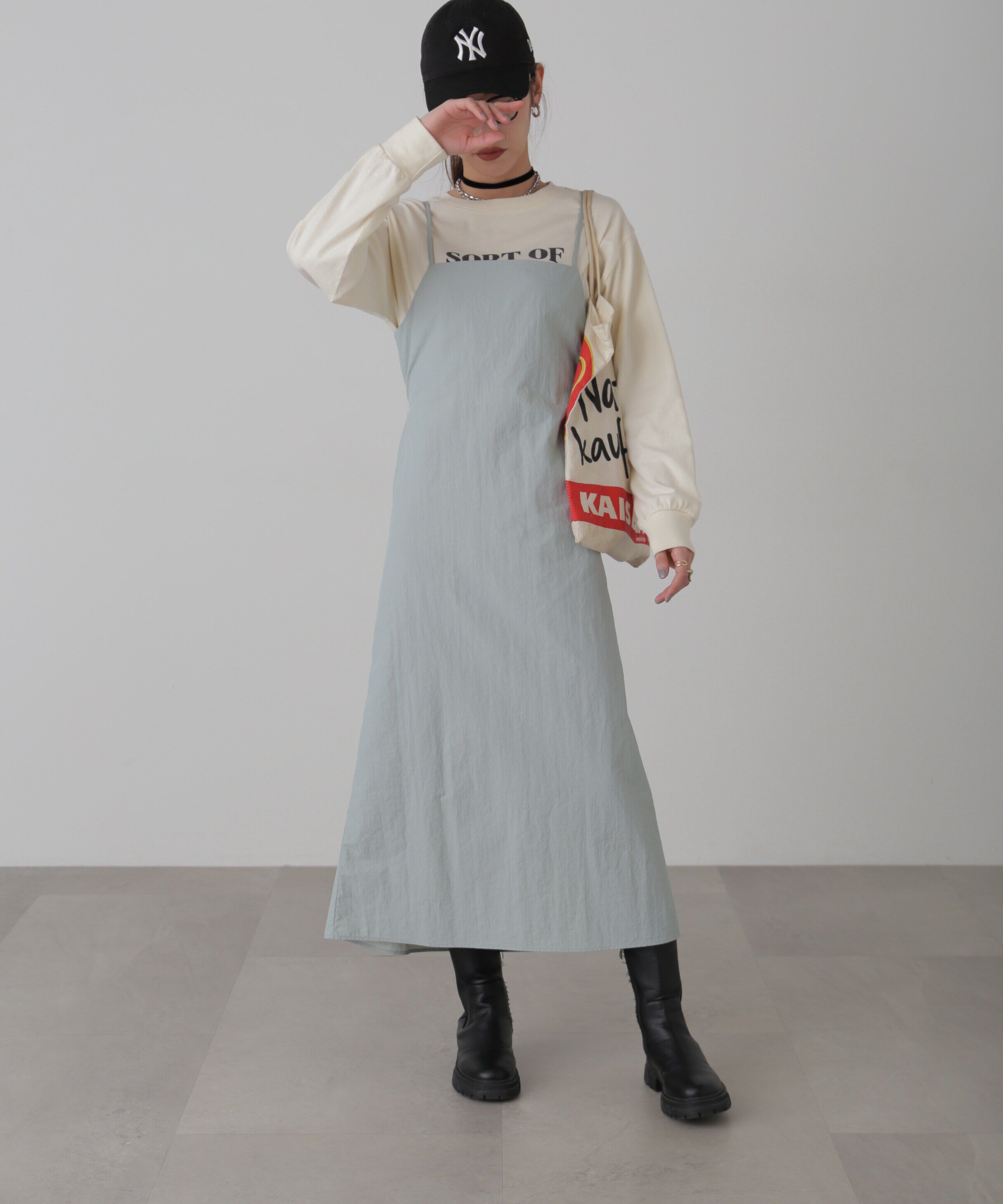  「バックオープンナイロンジャンパースカート」|ワンピース|ライトグレー