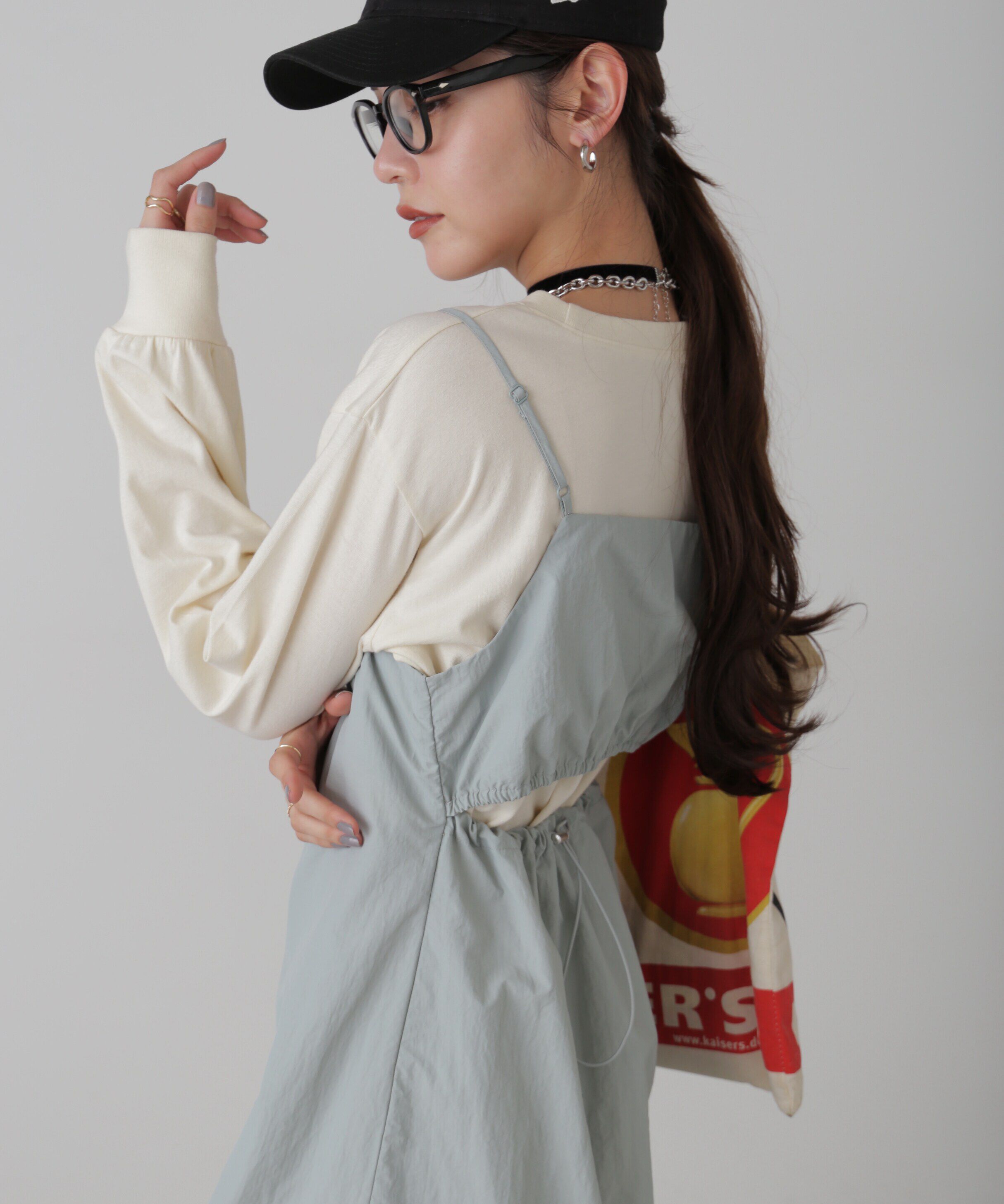  「バックオープンナイロンジャンパースカート」|ワンピース|