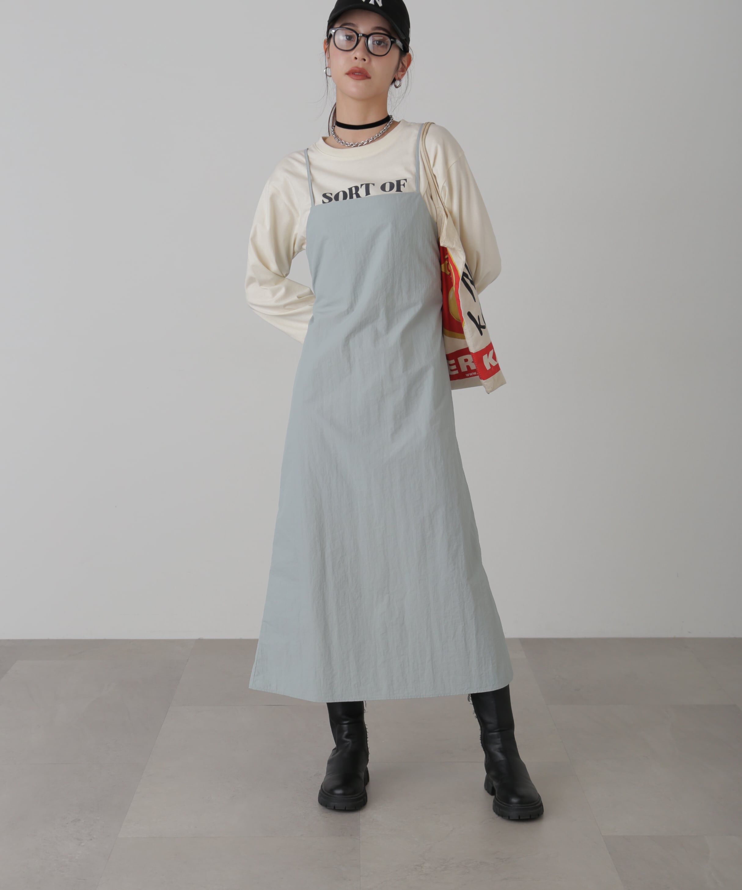  「バックオープンナイロンジャンパースカート」|ワンピース|