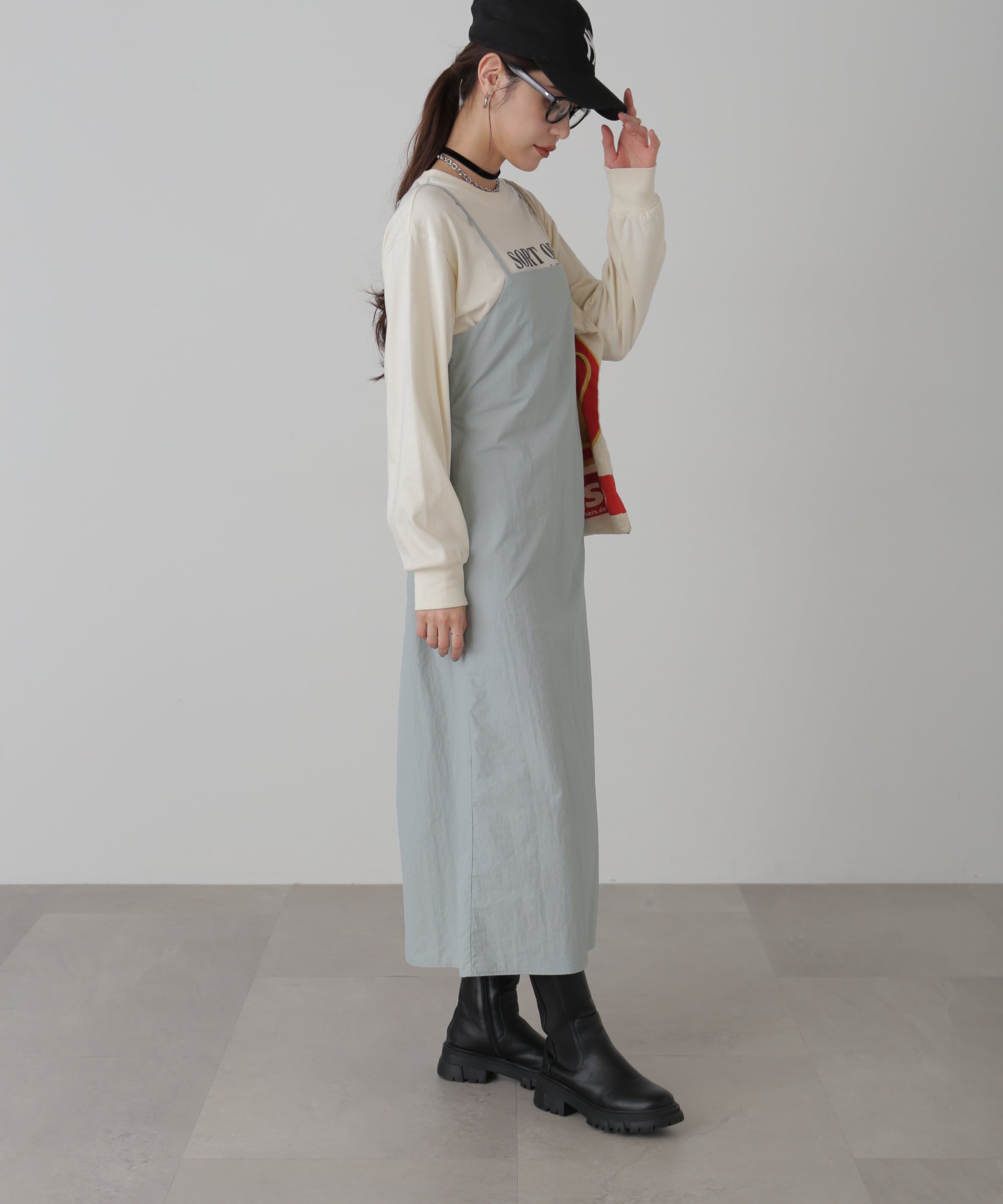  「バックオープンナイロンジャンパースカート」|ワンピース|