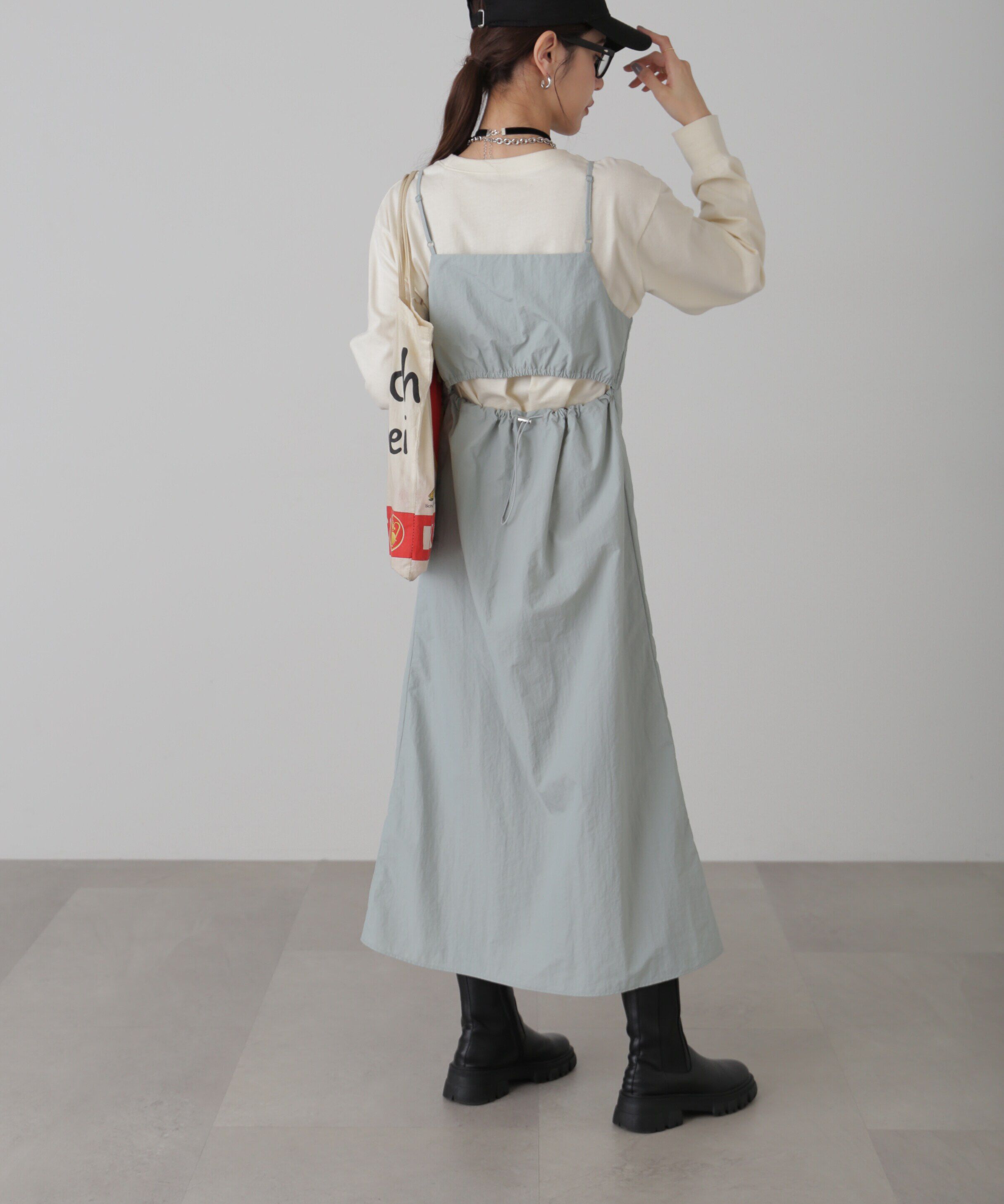  「バックオープンナイロンジャンパースカート」|ワンピース|