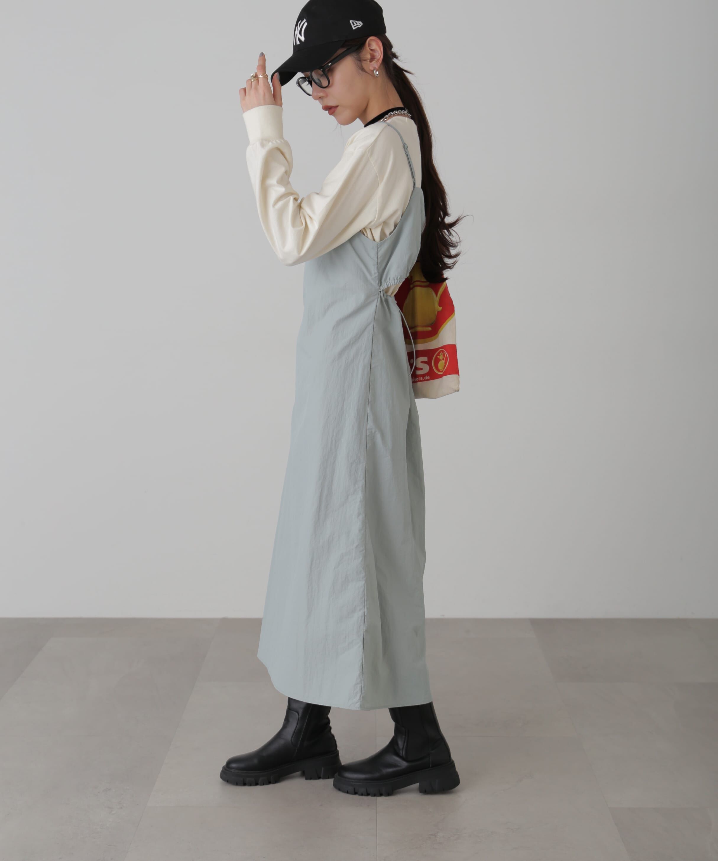  「バックオープンナイロンジャンパースカート」|ワンピース|