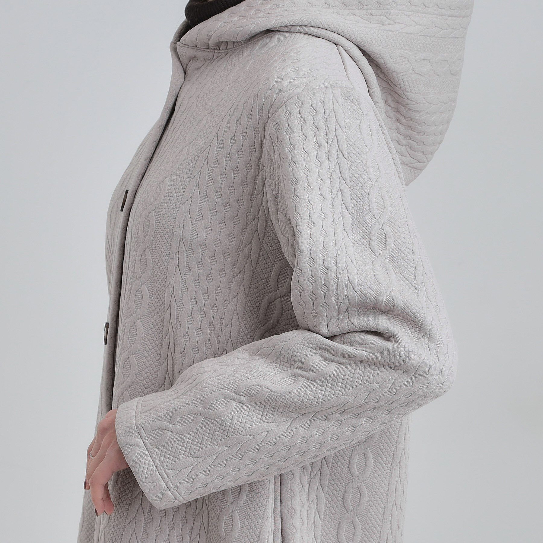 SHOO･LA･RUE「【裏面ベロアであったか】体型をカバーしながらスマートに魅せる ケーブルジャガードコーディガン」|カーディガン|