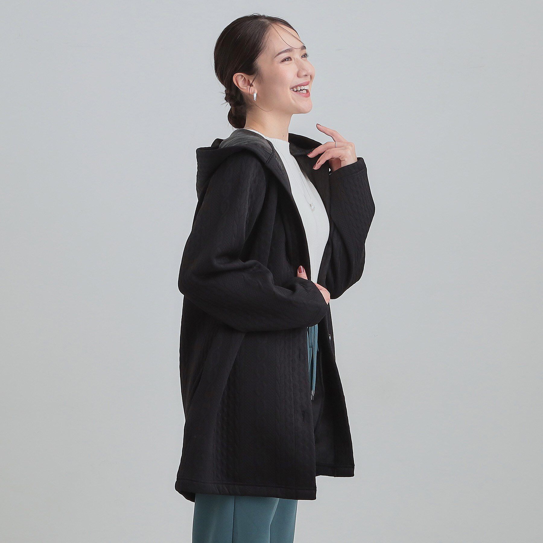 SHOO･LA･RUE「【裏面ベロアであったか】体型をカバーしながらスマートに魅せる ケーブルジャガードコーディガン」|カーディガン|