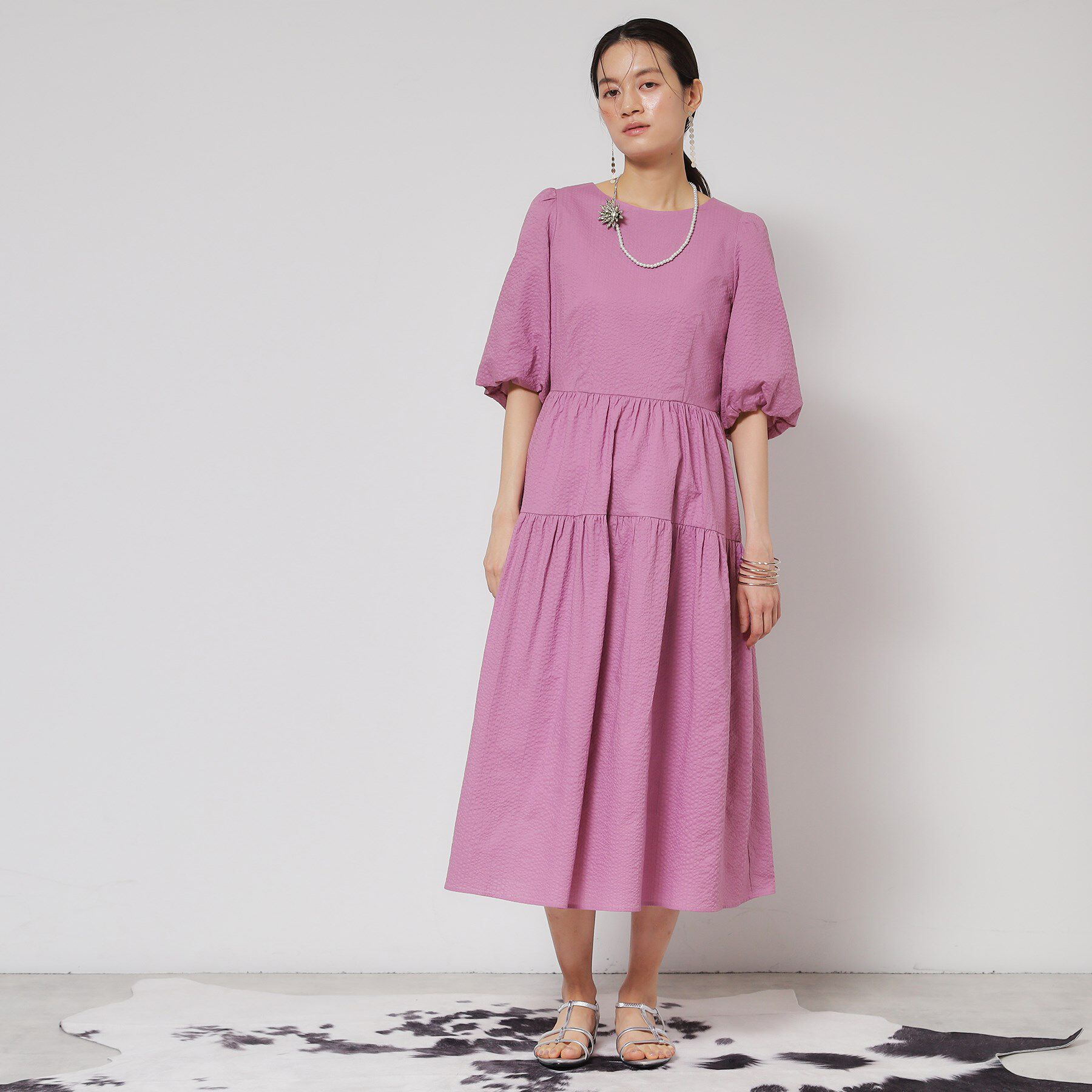 SunaUna「【涼し気！／サッカー素材】パフスリーブワンピース」|ワンピース|