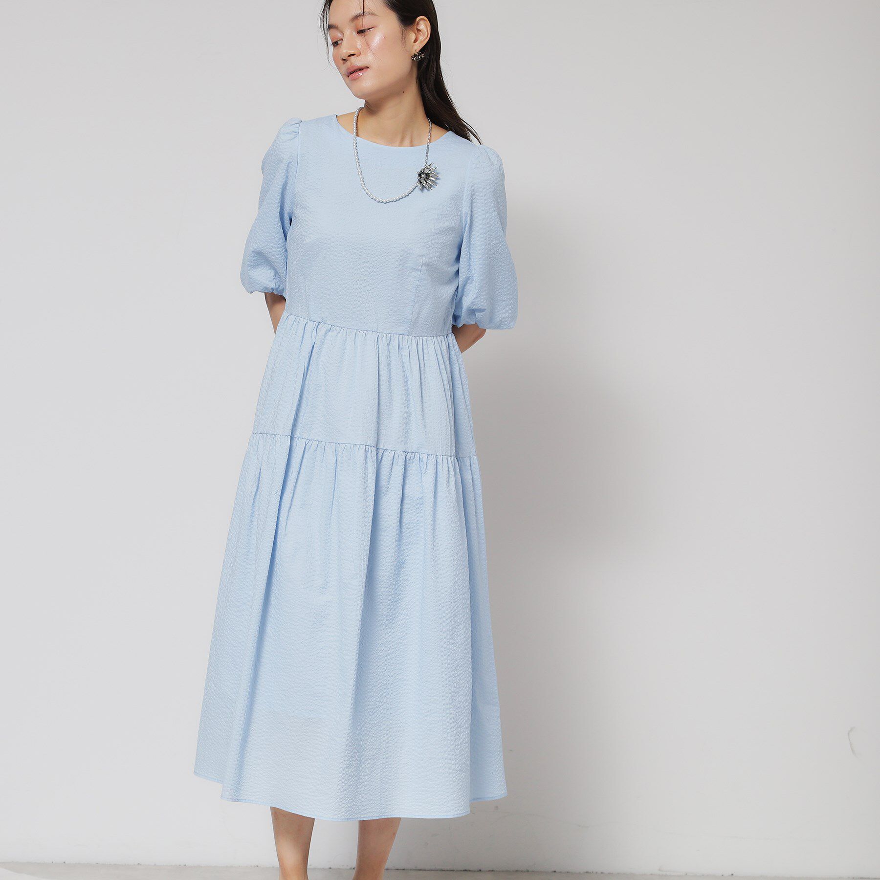 SunaUna「【涼し気！／サッカー素材】パフスリーブワンピース」|ワンピース|ブルー(091)