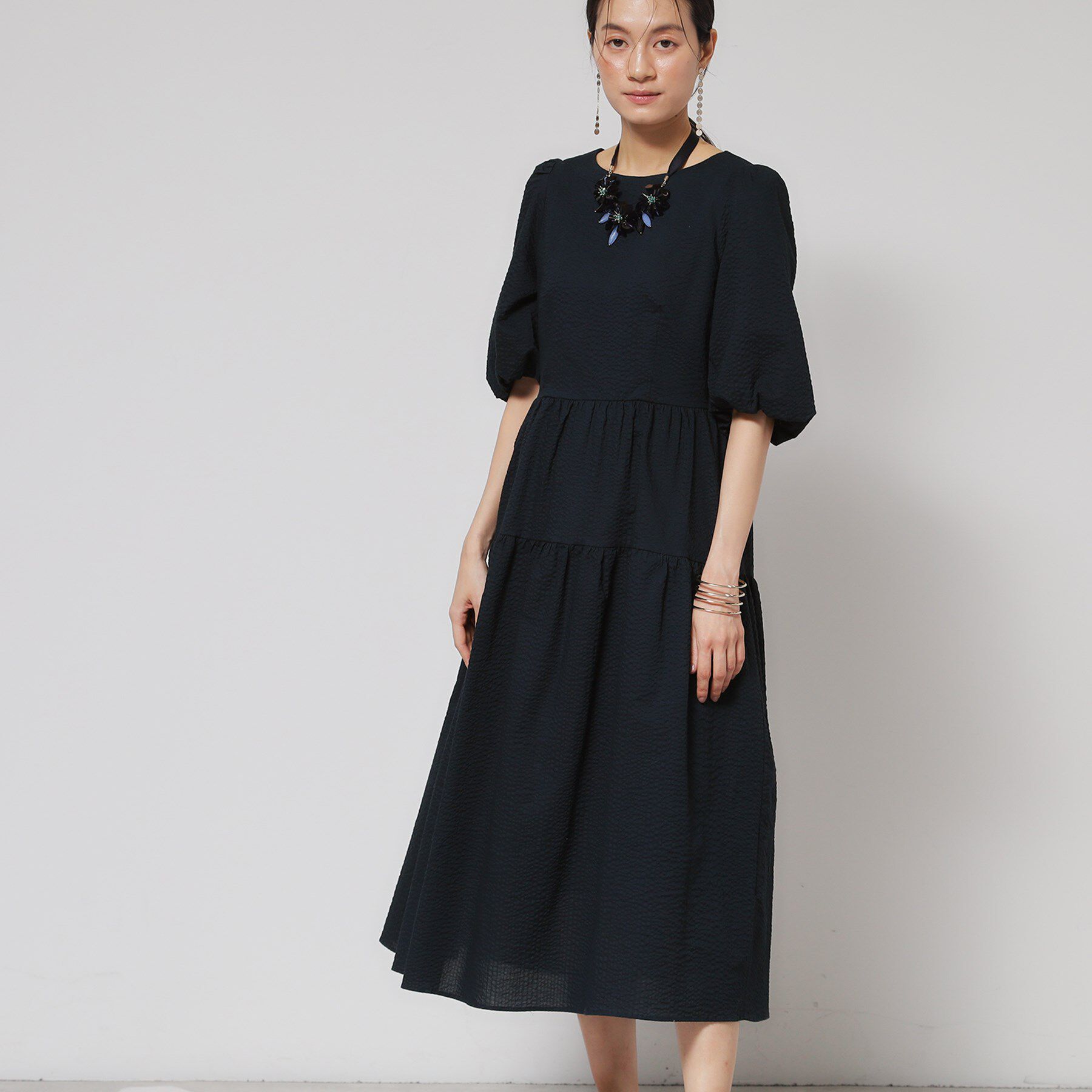 SunaUna「【涼し気！／サッカー素材】パフスリーブワンピース」|ワンピース|ネイビー(094)