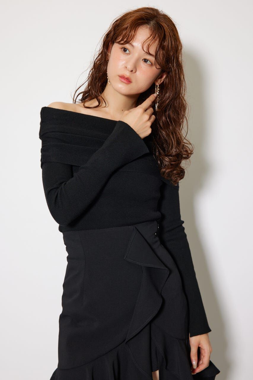 rienda「オフショルギャザーニットトップス」|ニット・セーター|BLK