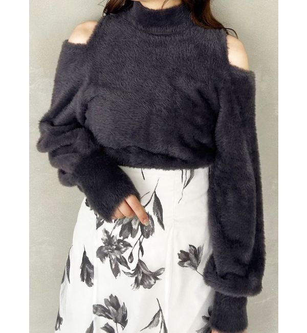 MERCURYDUO「オープンショルダーミニシャギーニット」|ニット・セーター|