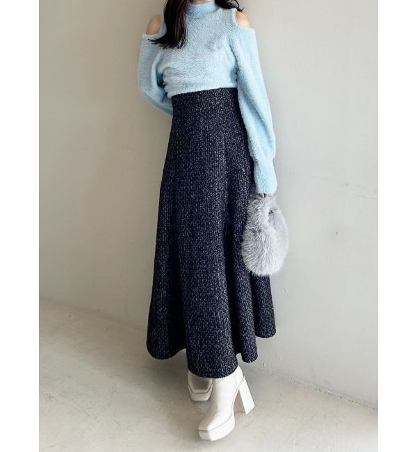 MERCURYDUO「オープンショルダーミニシャギーニット」|ニット・セーター|