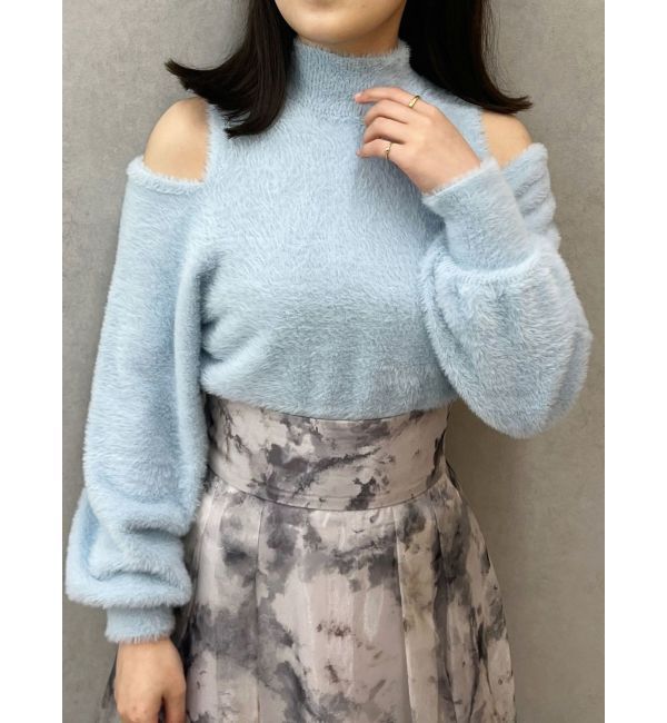 MERCURYDUO「オープンショルダーミニシャギーニット」|ニット・セーター|アイスブルー