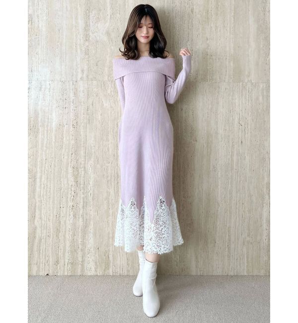 MERCURYDUO「レーストリムオフショルニットワンピース」|ワンピース|