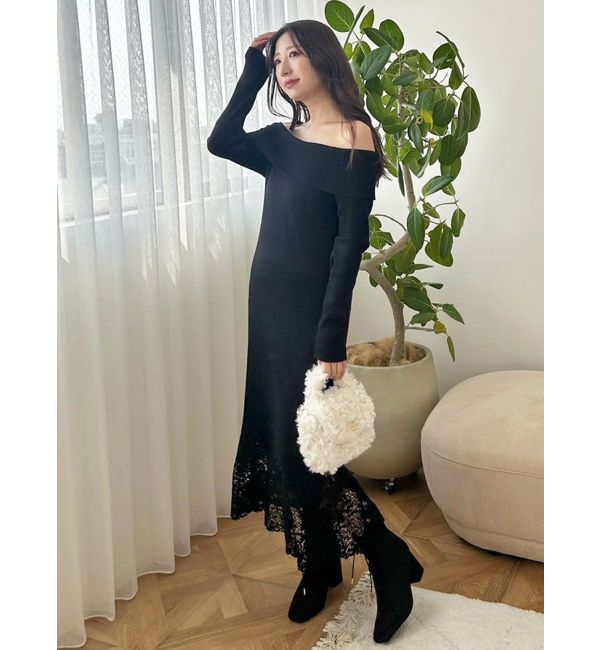 MERCURYDUO「レーストリムオフショルニットワンピース」|ワンピース|