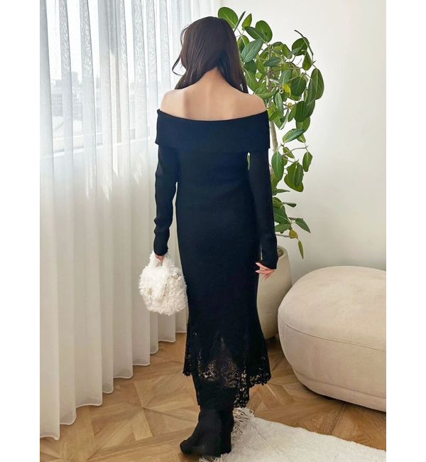 MERCURYDUO「レーストリムオフショルニットワンピース」|ワンピース|