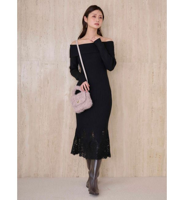 MERCURYDUO「レーストリムオフショルニットワンピース」|ワンピース|
