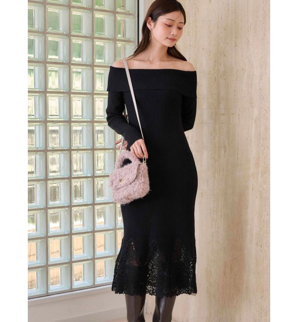 MERCURYDUO「レーストリムオフショルニットワンピース」|ワンピース|